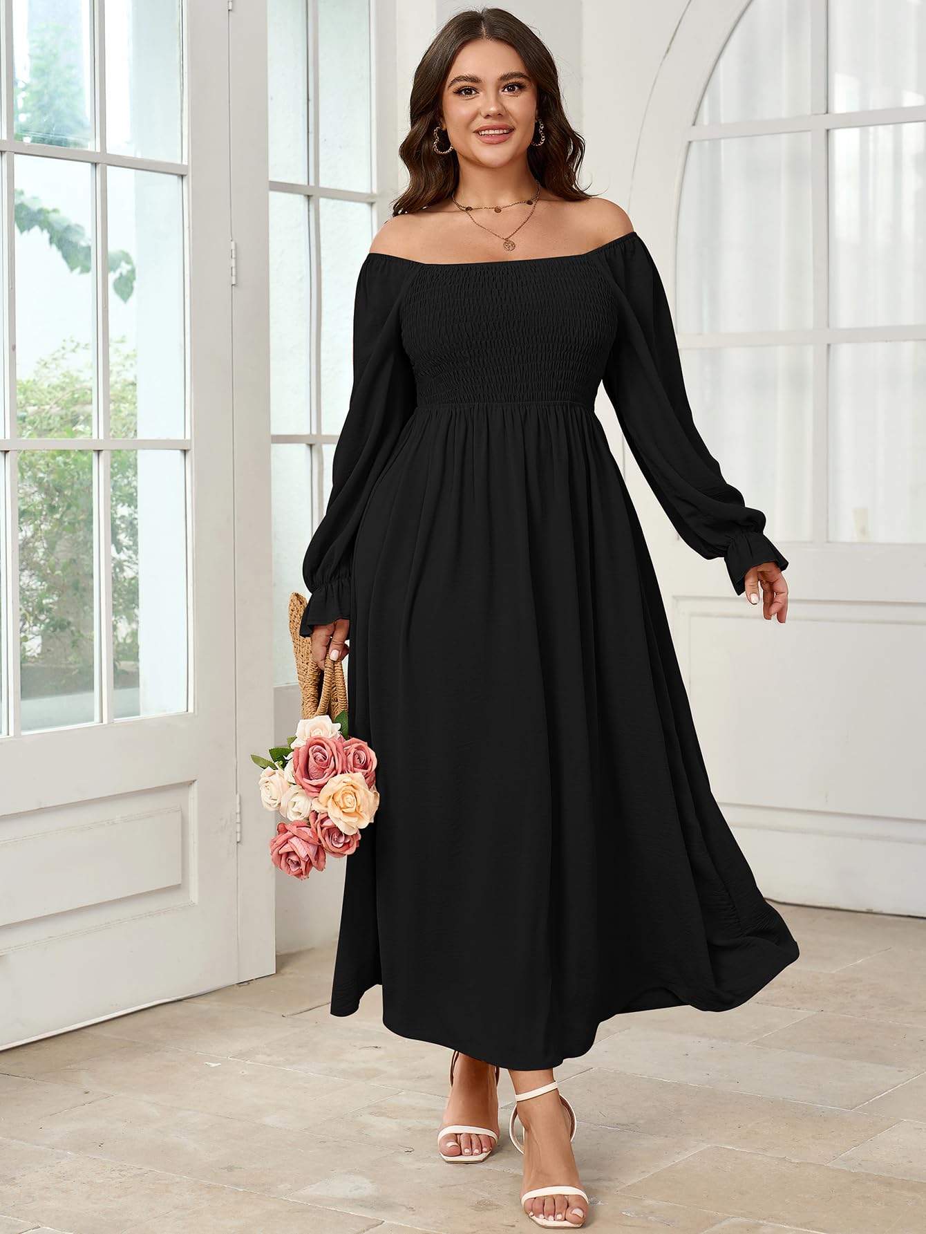 Plus Size Maxi Dress for Women - Long Sleeve Square Neck Smocked Flowy A-Line Boho Dress for Wedding, Party & Special Occasions | Elegant & Comfortable Maternity-Friendly Design