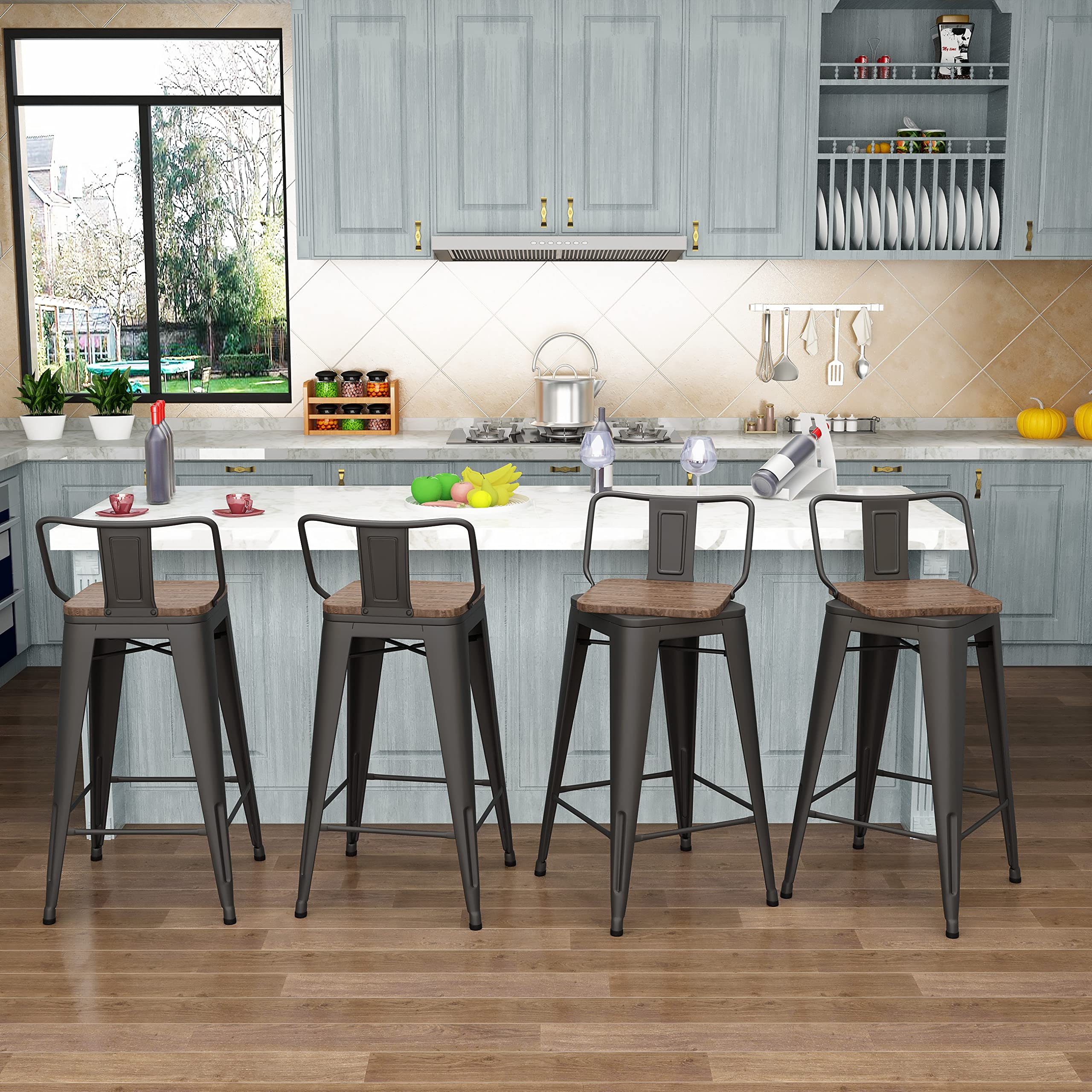 Aklaus 24 Inch Swivel Bar Stools Set of 4 - Metal Counter Height Stools with Backs, Farmhouse Style, Matte Black - Perfect for Kitchen Islands, Breakfast Bars & Home Decor