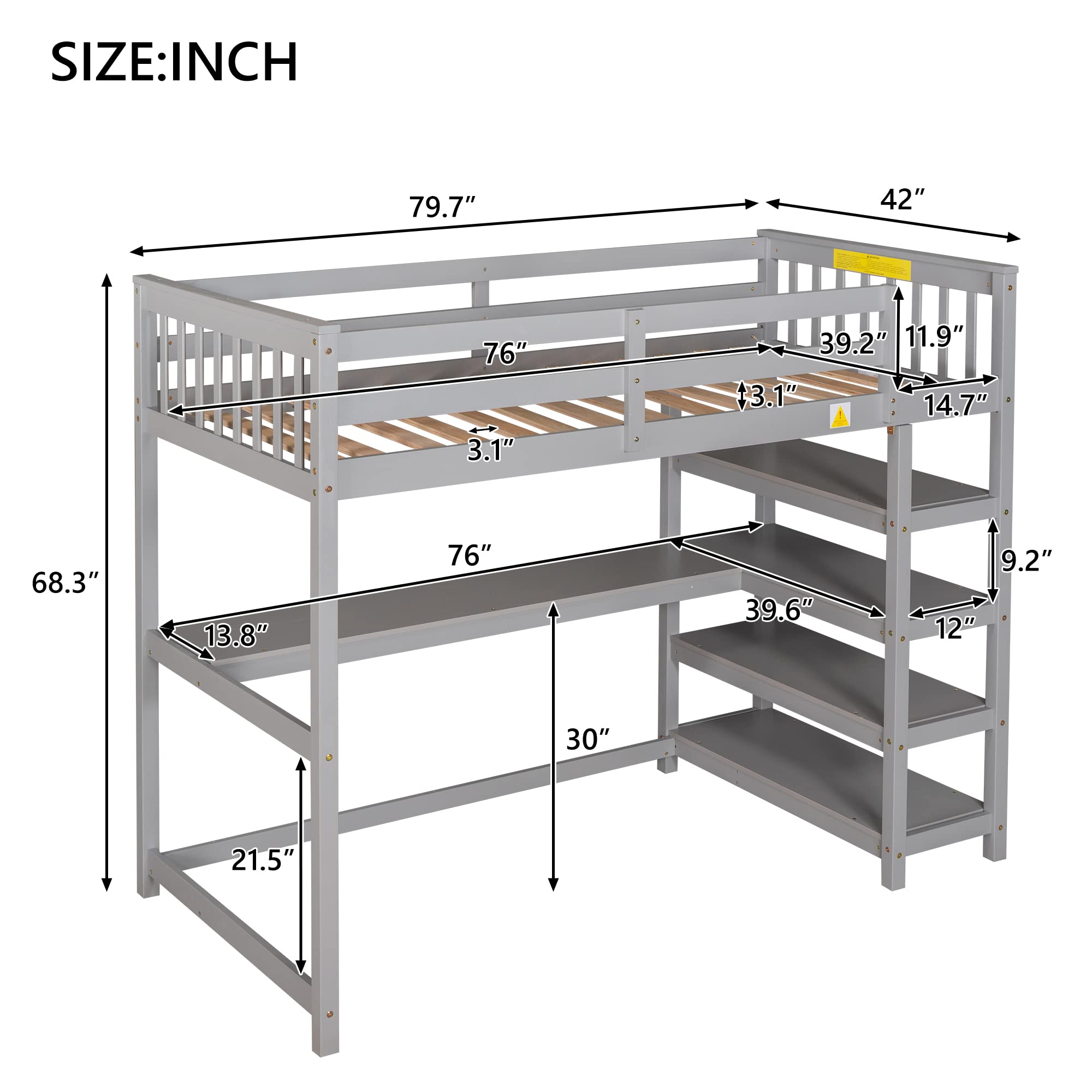Harper & Bright Designs Twin Size Loft Bed with Desk & Storage Shelves - Space-Saving Wooden Loft Bed for Kids & Teens, No Box Spring Needed, Grey - Perfect for Small Bedrooms, Dorm Rooms & Studio Apartments
