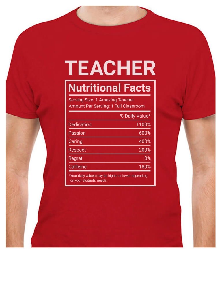 Funny Teacher Nutritional Facts Label T-Shirt - Perfect Gift for Educators & Appreciation Day - Great for Teacher Week, Retirement & Thank You Gifts
