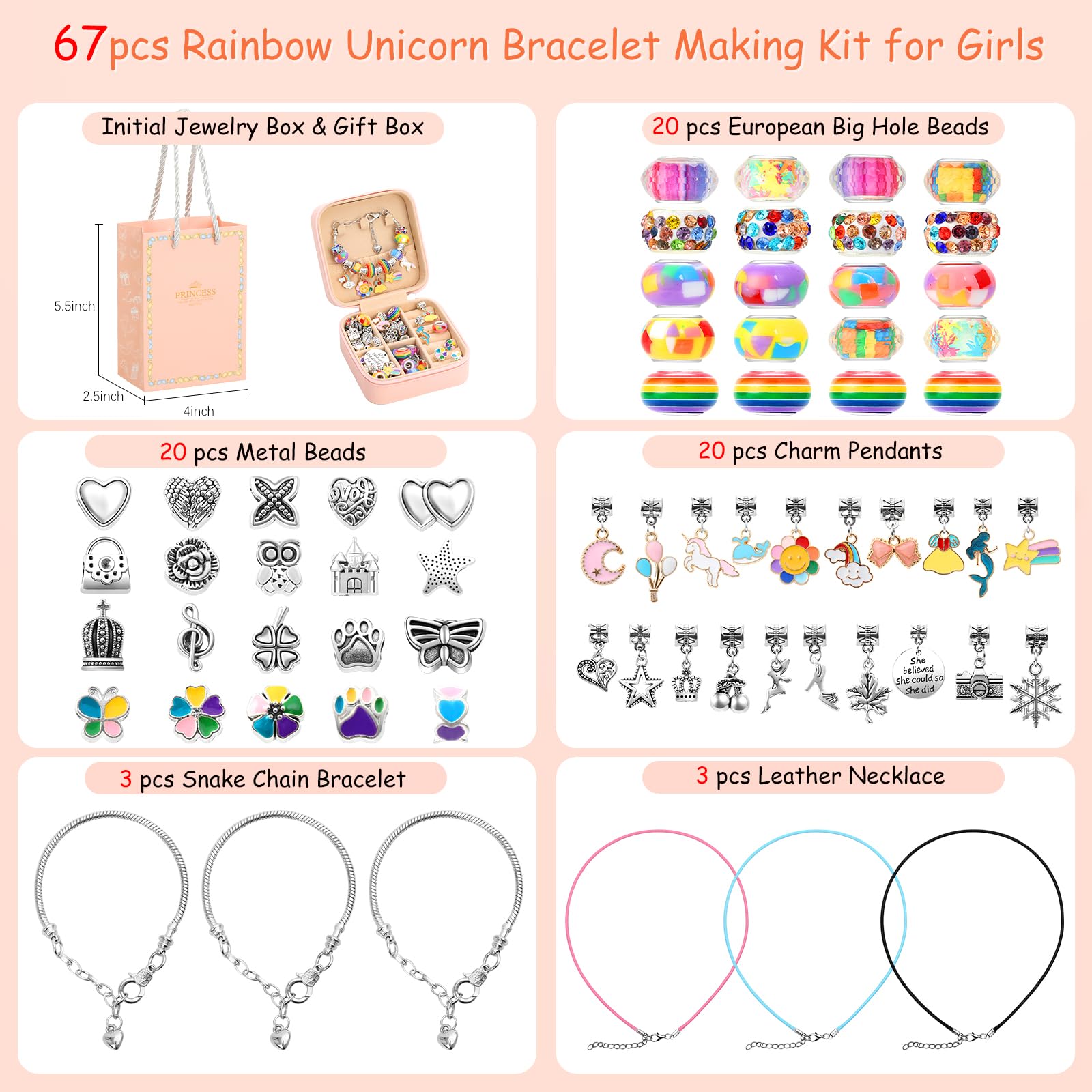DIY Charm Bracelet Making Kit for Girls Ages 3-12 - 66Pcs Kids Jewelry Craft Set with Necklace Making Supplies, Jewelry Organizer Box - Perfect Birthday & Christmas Gift for Creative Girls | Fun Arts & Crafts Activity for Parties, Playdates & Family Bonding
