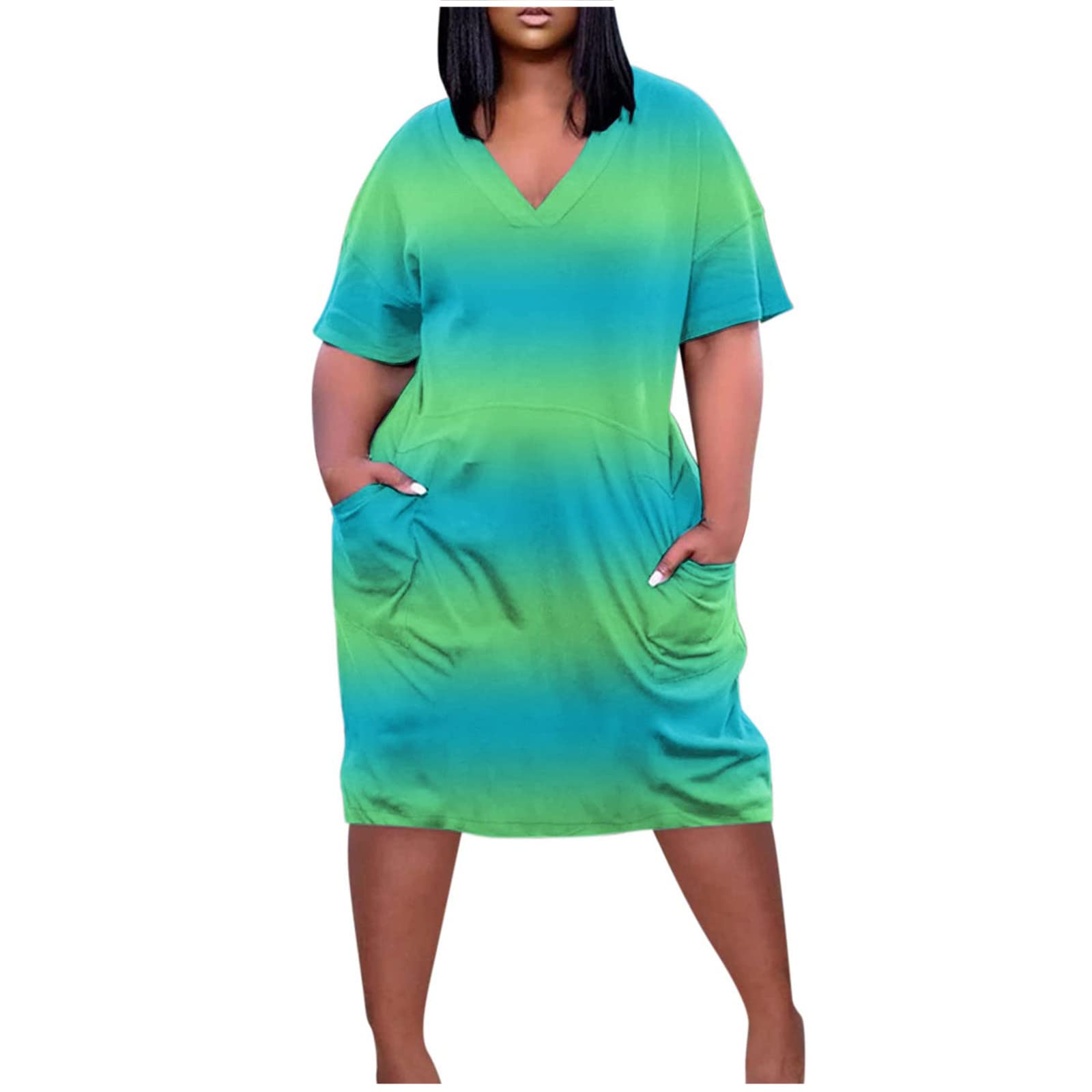 Plus Size Women's Novelty Face Graphic V-Neck Short Sleeve Summer Casual Sundress with Pockets - Perfect for Beach Outings, Vacation Wear & Everyday Comfort