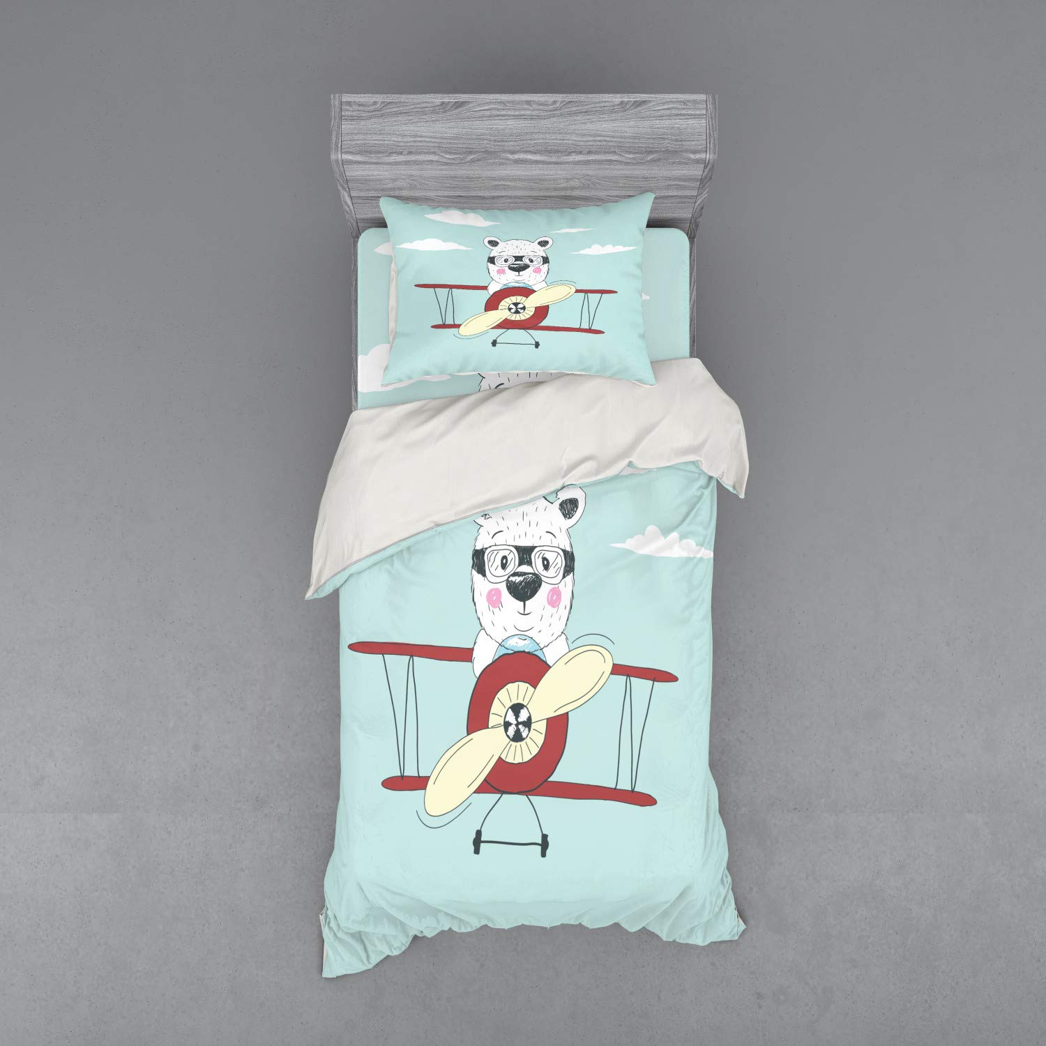 Ambesonne Cartoon Duvet Cover Set - Hand Drawn Pilot Bear Flying Airplane in Sky, 3 Piece Bedding Set with Pillow Sham & Fitted Sheet, Twin Size, Pale Blue Cream Ruby - Perfect for Kids' Room, Nursery Decor or Whimsical Bedroom Theme