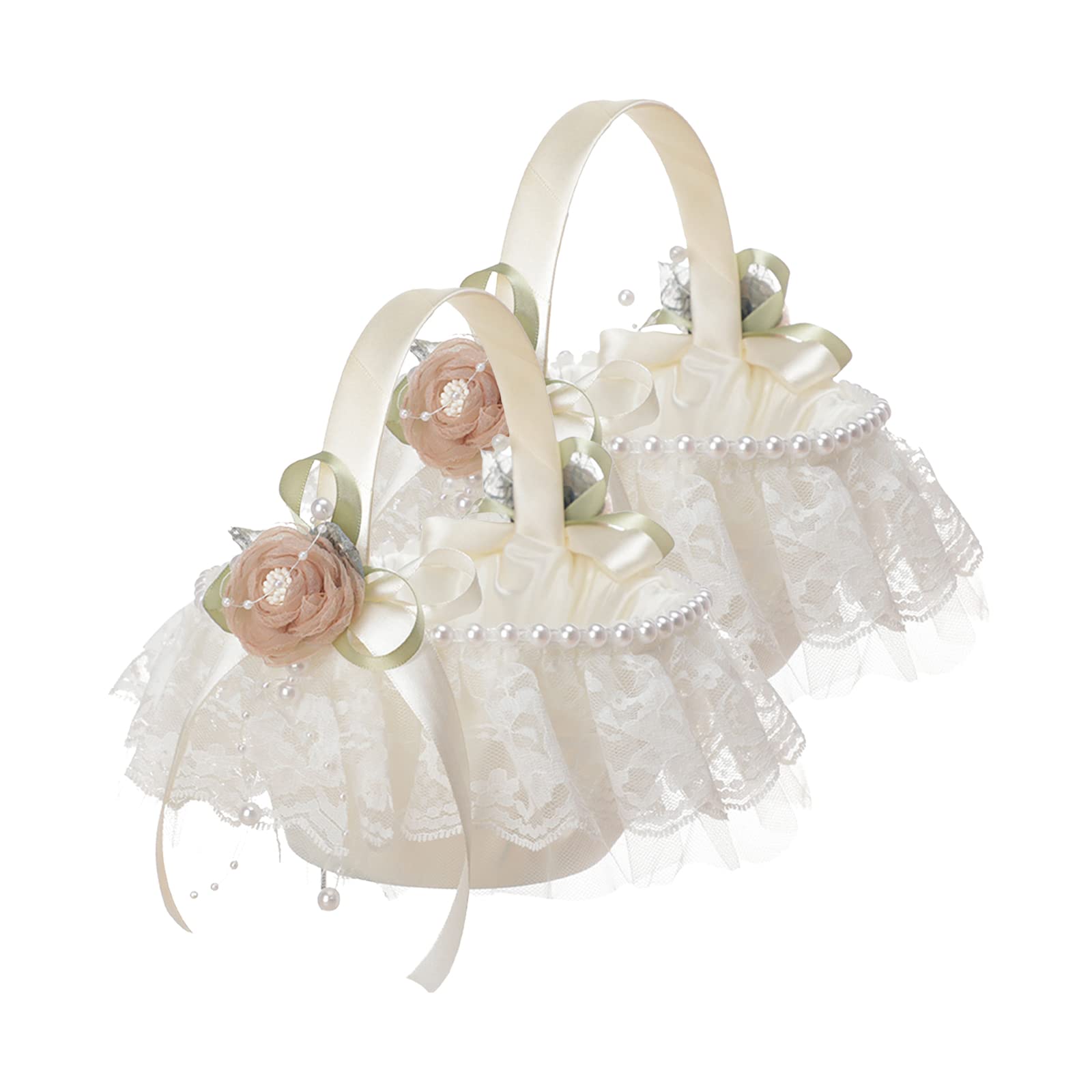 Elegant White Lace Flower Girl Basket with Silk Roses & Pearls - 2 Pack Wedding Ceremony Decor for Bridal Party, Flower Girls, Baby Showers & Special Events