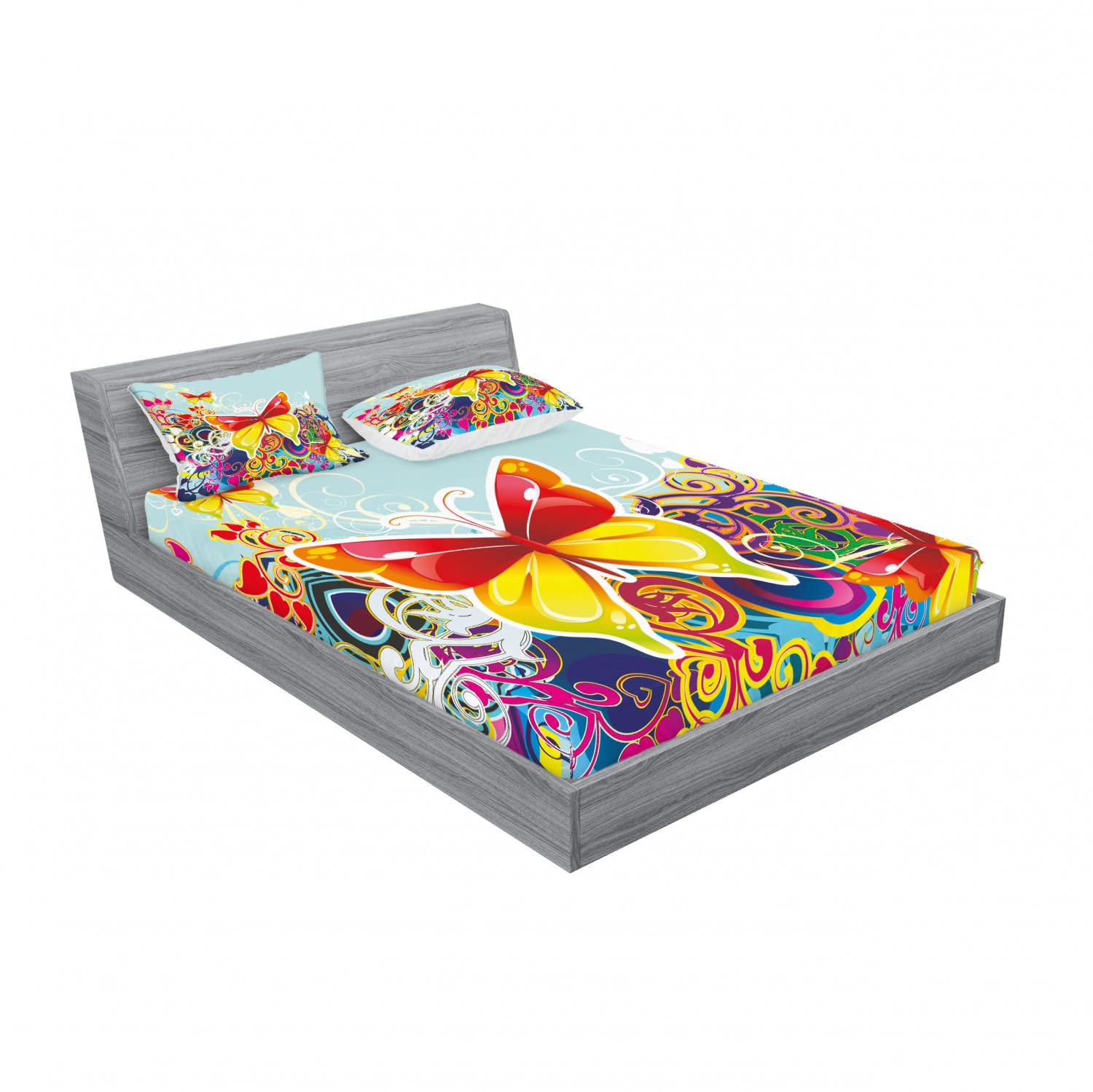 Ambesonne 2-Piece King Size Fitted Sheet Set with 4 Pillow Shams - Vibrant Nature Leaves & Butterfly Print Bedding Collection - Soft Wrinkle-Resistant Fabric for Master Bedroom, Guest Room & Vacation Homes