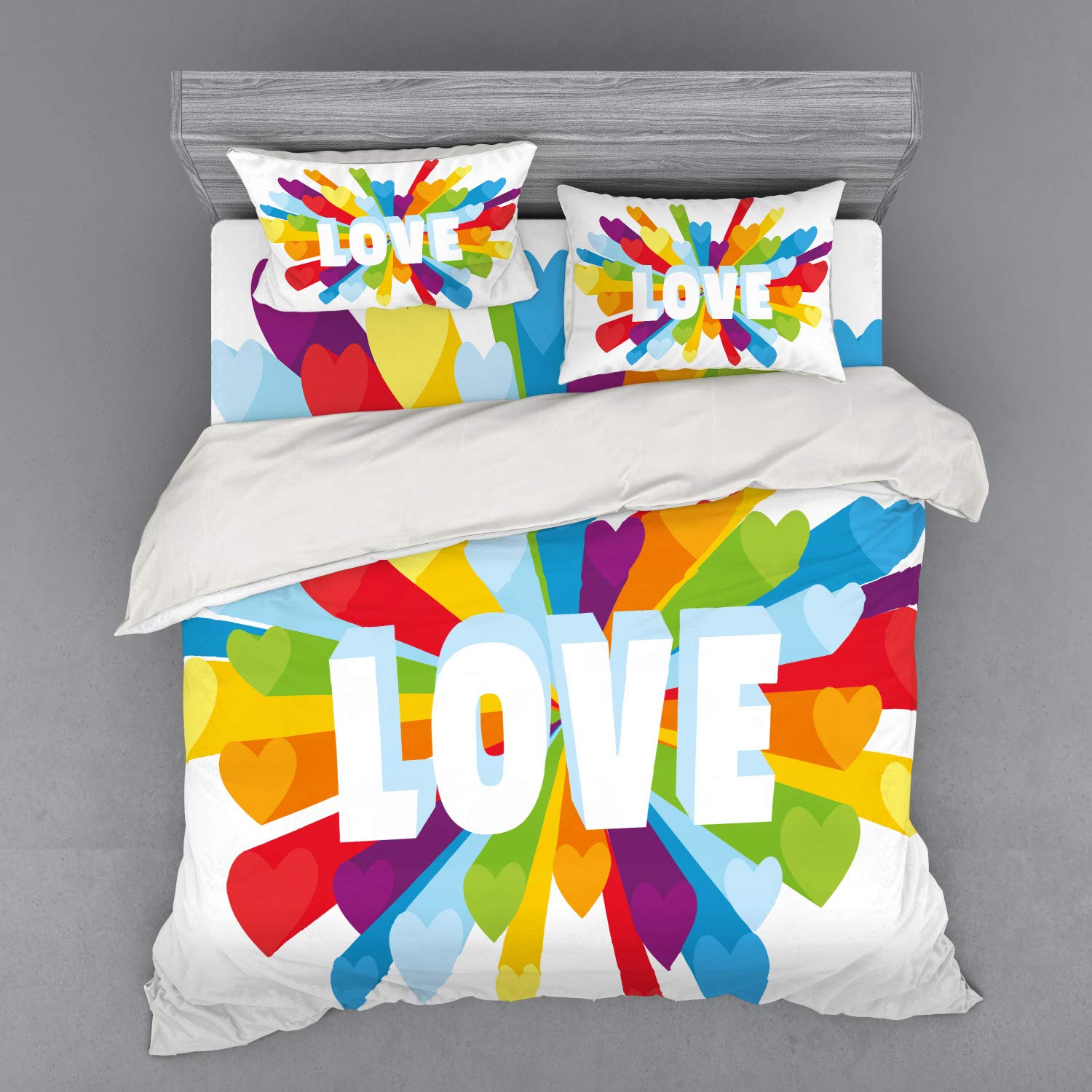 Ambesonne Pride Bedding Set - LGBT Love Burst Duvet Cover with Colorful Hearts, 4-Piece King Size Set (Duvet Cover + Shams + Fitted Sheet) - Perfect for Pride Month, LGBTQ+ Weddings & Romantic Bedroom Decor