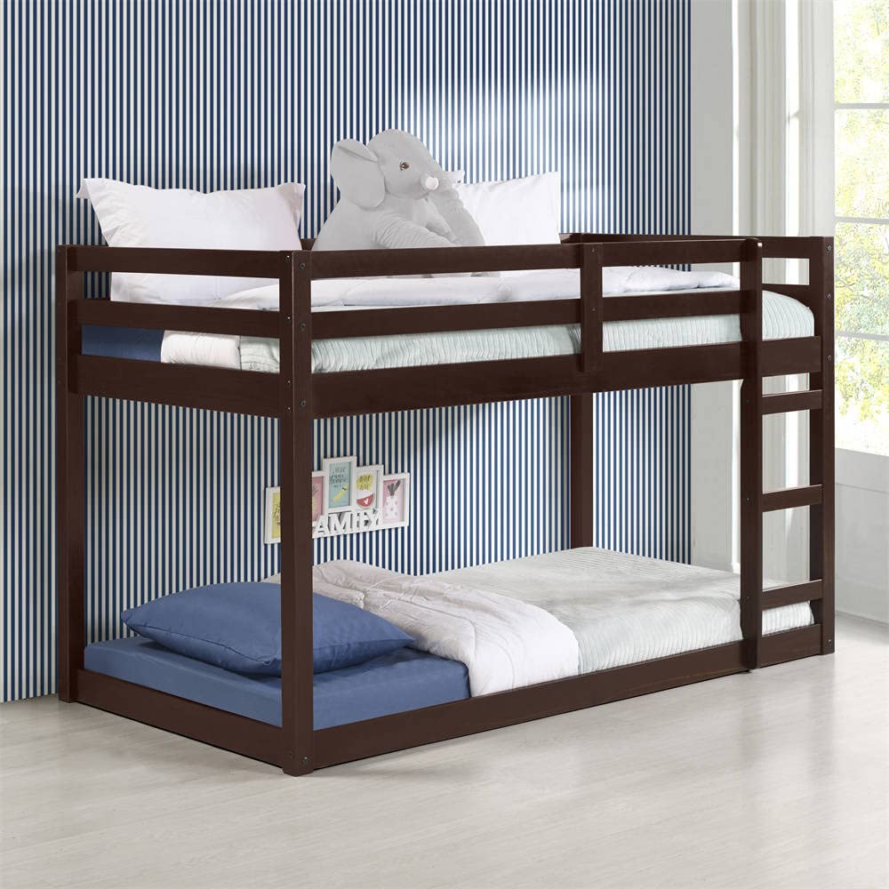 Twin Over Twin Low Loft Bed with Ladders & Full-Length Guardrails - Space-Saving Bunk Bed for Kids & Teens - Sturdy Wooden Loft Bed with Large Under-Bed Storage Area - Perfect for Small Bedrooms, Dorm Rooms & Kids' Rooms (Espresso Finish, No Box Spring Needed)