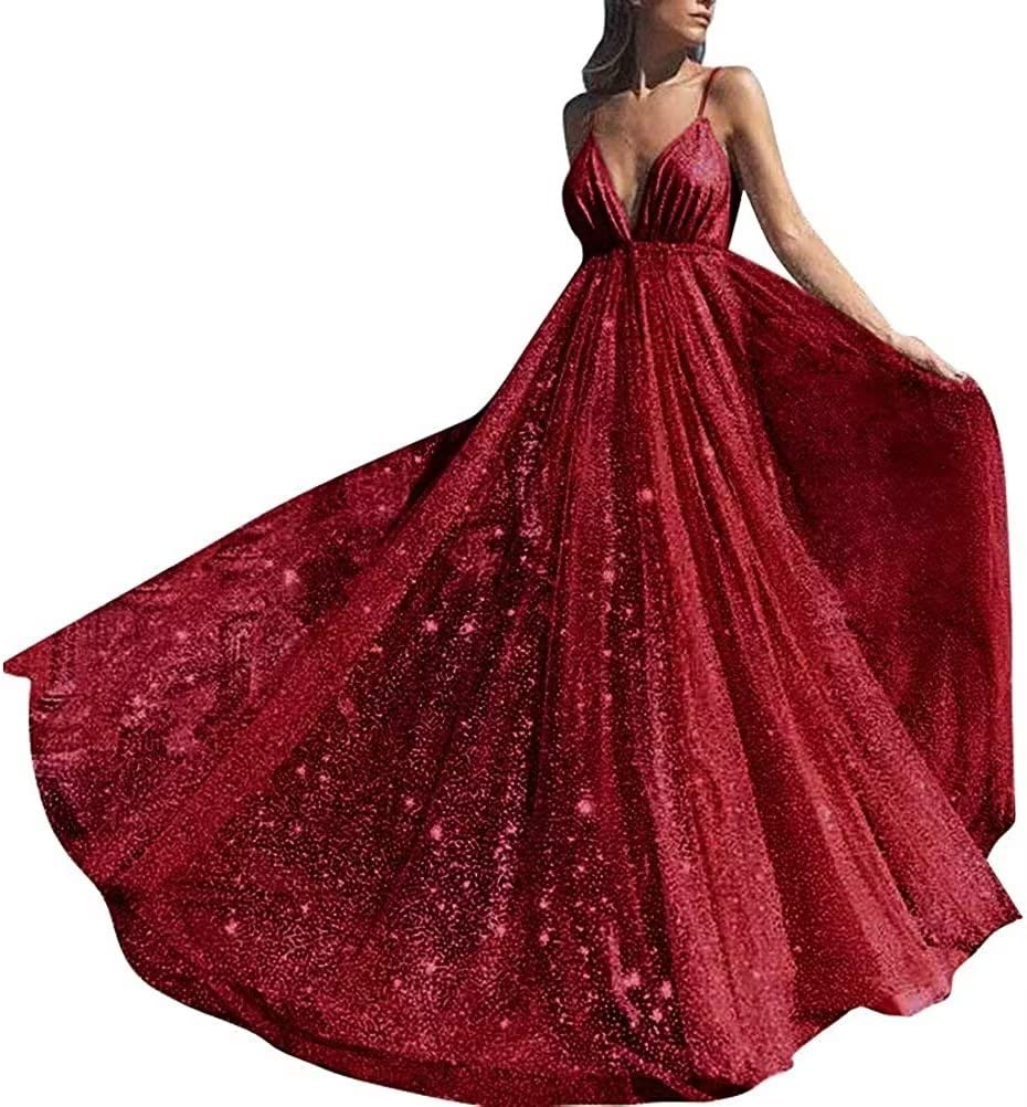 Sparkling Deep V-Neck Prom Dress for Women - Elegant Backless Long Tulle Formal Evening Gown for Homecoming, Wedding, Ball & Special Occasions