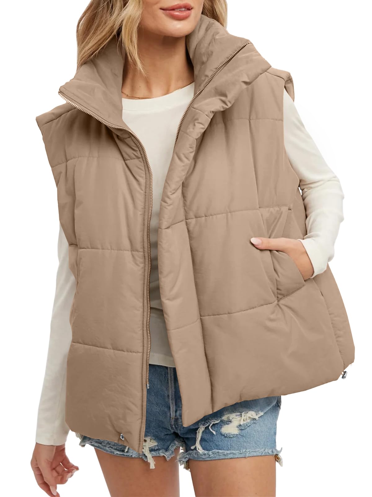 Fazortev Women's Oversized Puffer Vest - Zip Up Stand Collar Sleeveless Padded Jacket Coat for Winter Outdoor Activities, Hiking & Casual Wear
