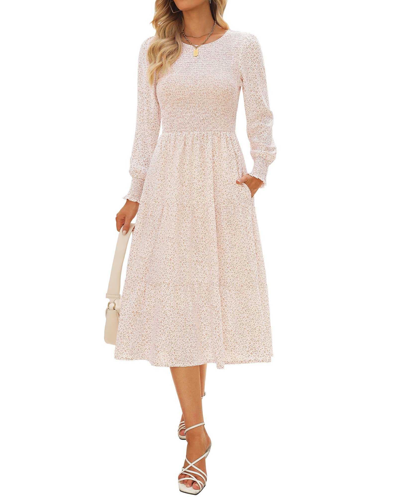 Zattcas Women's Fall Dresses 2025 - Casual Long Sleeve Boho Floral Midi Dress with Smocked Waist & Pockets | Perfect for Wedding Guest, Date Night & Autumn Outings