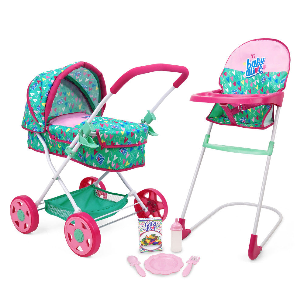 Baby Alive Travel N' Feed Playset - Pink & Green Hearts 7-Piece Doll Feeding Set for Toddlers - Perfect for On-the-Go Playtime & Pretend Feeding Fun