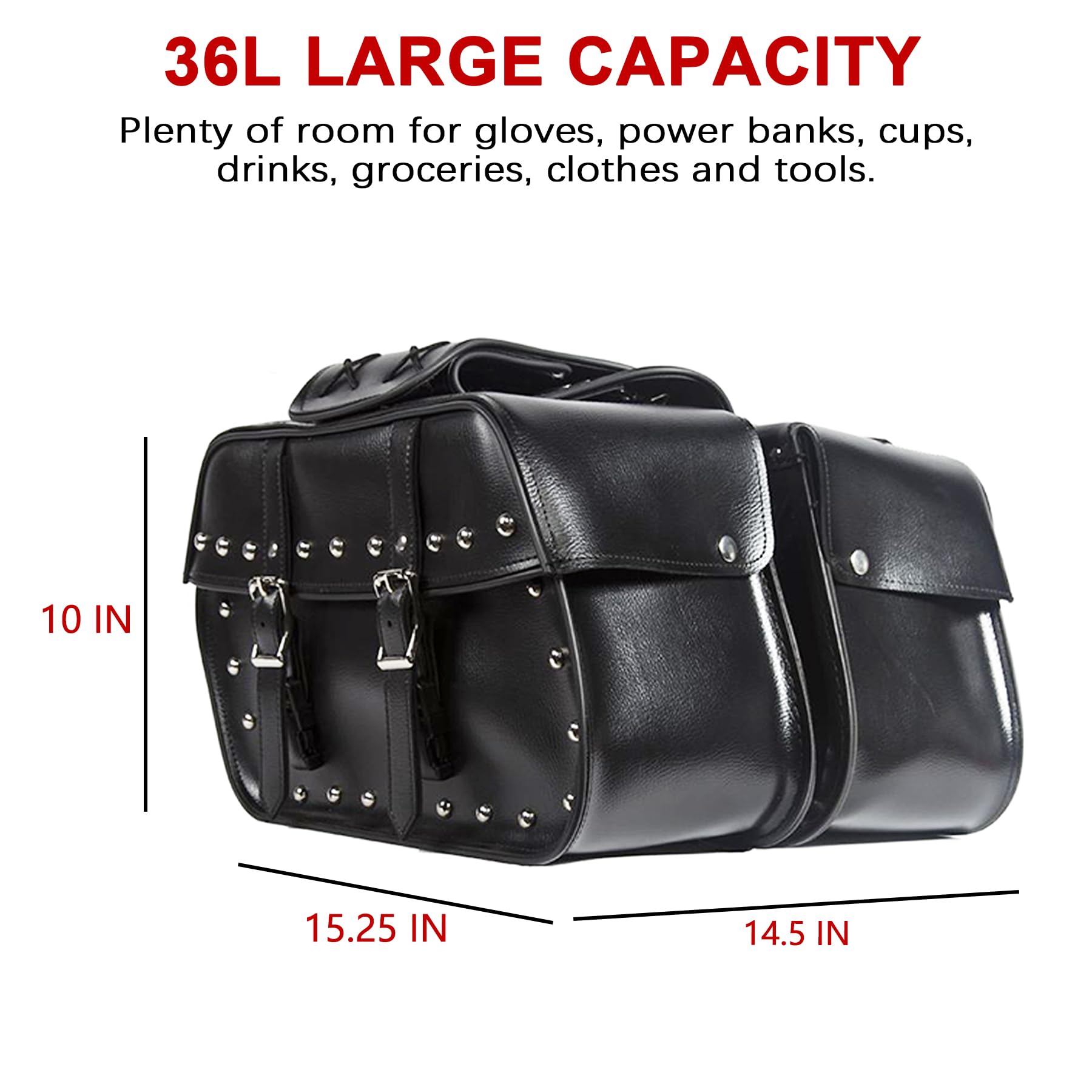 Dream Apparel Faux Leather Motorcycle Saddle Bags - Studded Throw Over Side Bags for Honda Shadow, Sportster, Softail & Dyna V-Star | Waterproof PVC Motorcycle Storage | Perfect for Cruiser Bikes, Road Trips & Daily Commuting (Black)