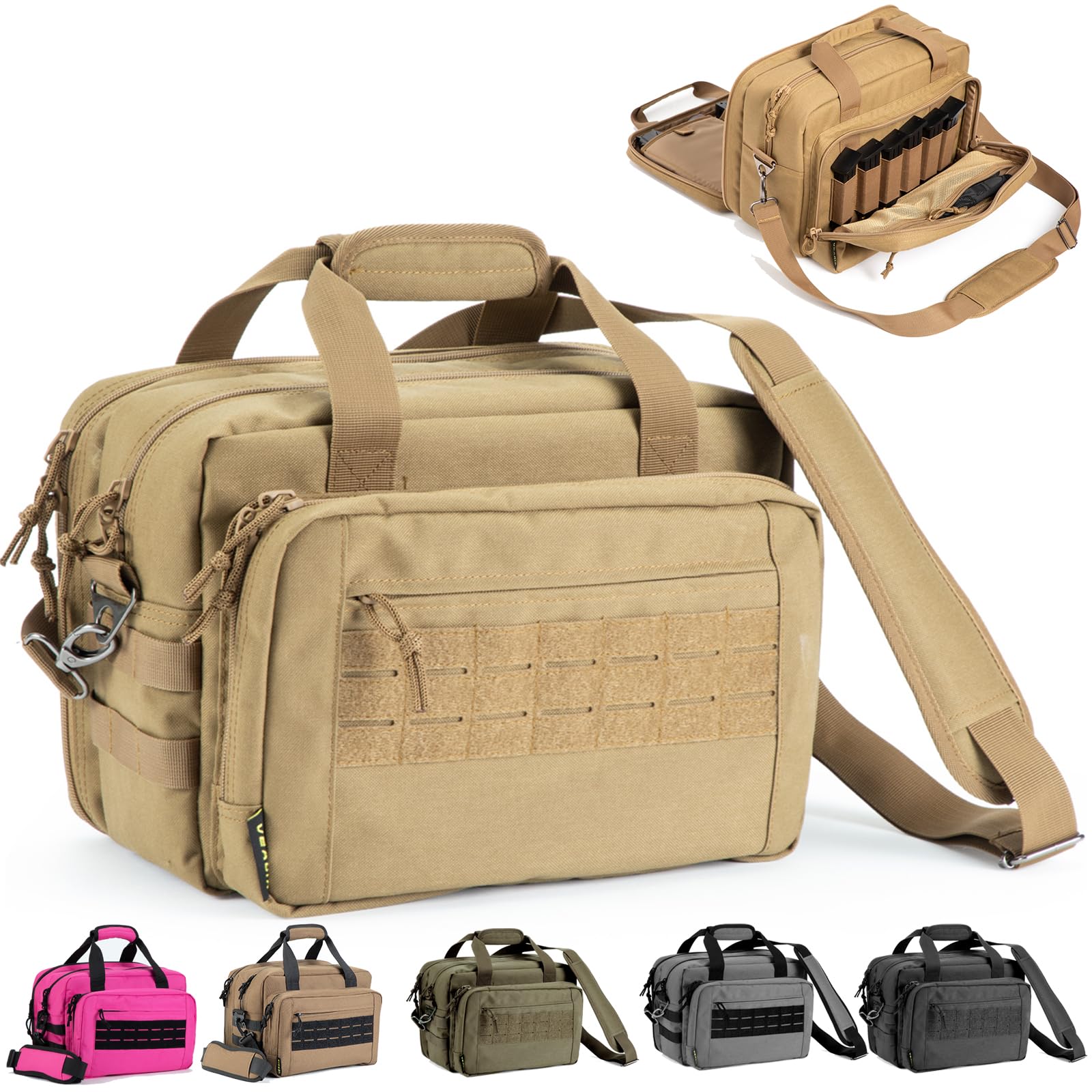 VEAGIA Tactical Range Bag - Durable Pistol Case for Handguns & Ammo Storage - 3 Compartment Soft Carrying Gun Range Bag for Shooting Range, Hunting & Outdoor Activities