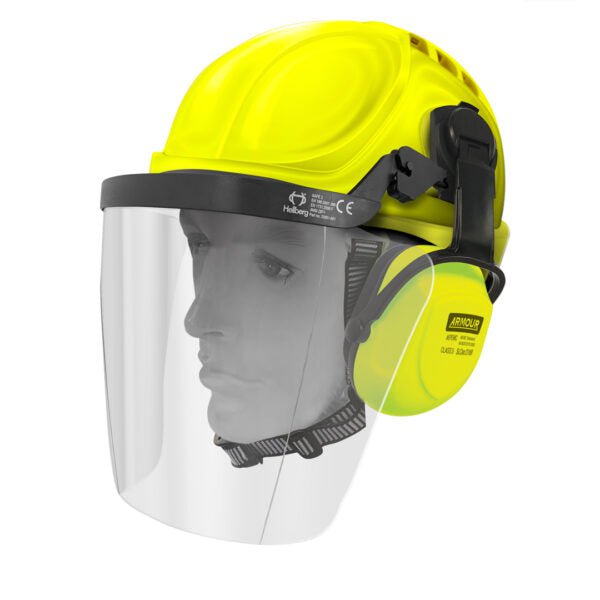 Hellberg Hard Hat with Earmuffs & Clear Visor Kit - EN397 Certified Safety Helmet for Construction & Industrial Work