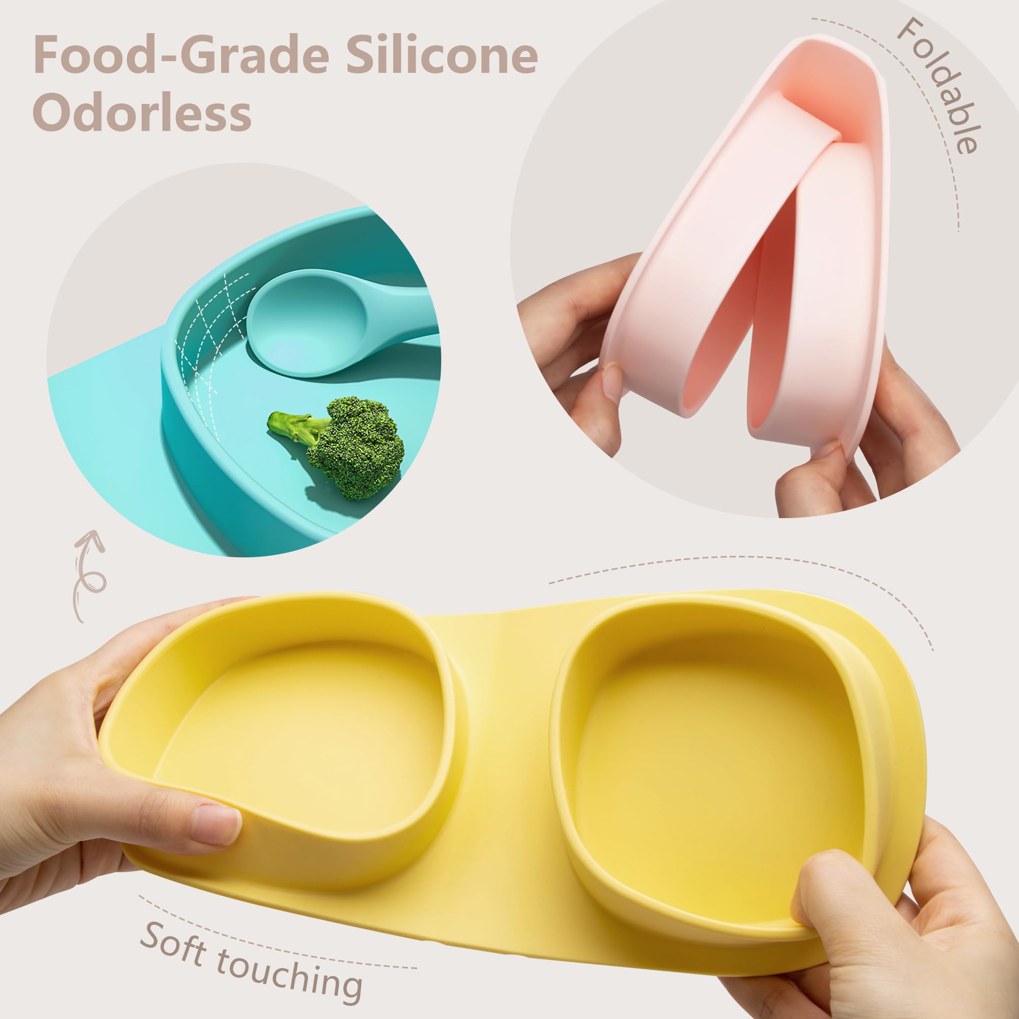 Foldable Silicone Baby Plates with Forks & Spoons - BPA Free Travel Essentials for Toddlers 6+ Months | Portable Self-Feeding Dishware for On-the-Go Meals, Picnics & Airplane Travel (Lemon Design)