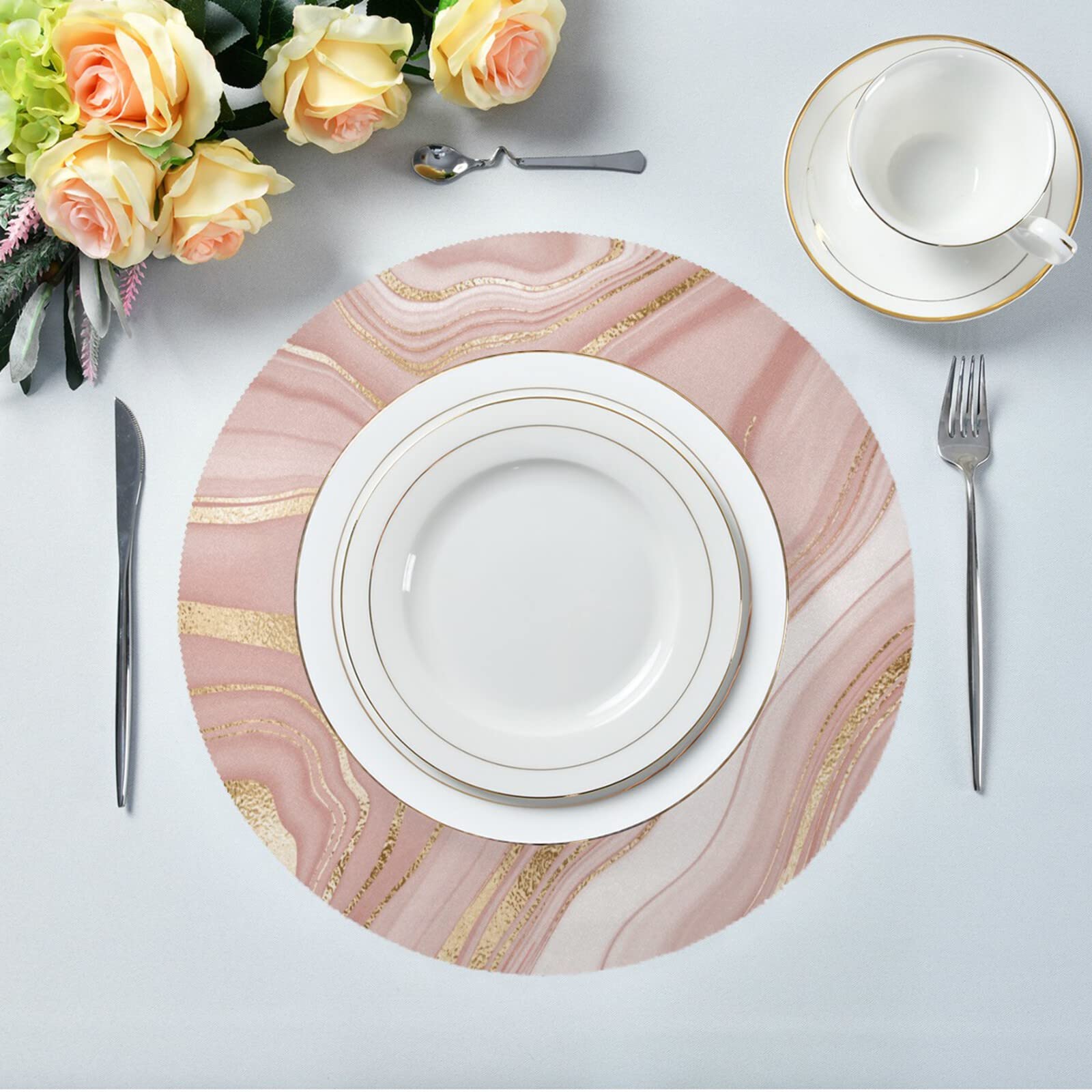 Qilmy Rose Gold Marble Round Placemats - Set of 4 Non-Slip Washable Polyester Table Mats, Heat Resistant for Kitchen & Dining Table Decor | Perfect for Dinner Parties, Holiday Gatherings & Everyday Use