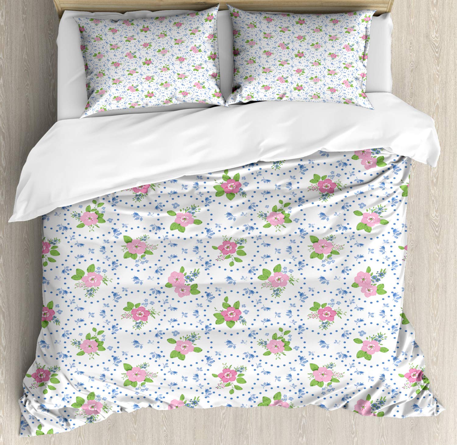 Ambesonne Shabby Floral Duvet Cover Set - Classic Peony Flowers with Circular Bouquets, 3-Piece Bedding Set (King Size, Pink & Blue) for Romantic & Nature-Inspired Bedroom Decor