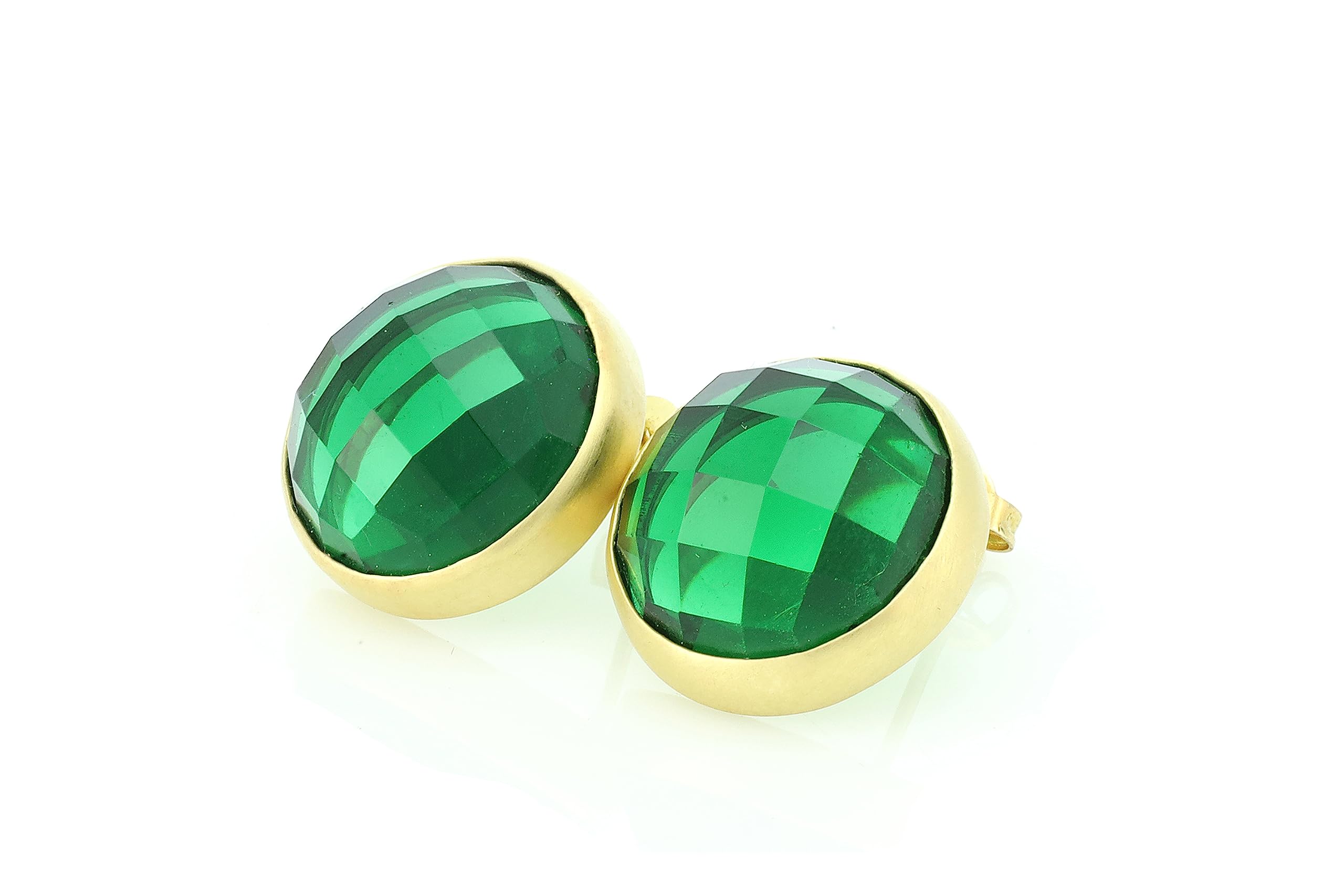 Big Round Bezel Set Emerald Stud Earrings - 14K Gold May Birthstone Jewelry - Faceted Green Gemstone Earrings for Women - Perfect Gift for Mother's Day, Birthday & Anniversary