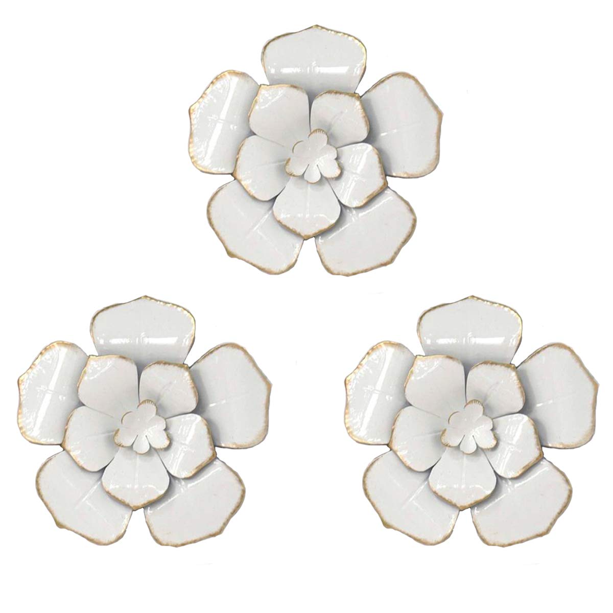 SQshun 6 Inch Metal Flower Wall Decor - Rustic Floral Wall Art for Home, Bedroom, Living Room & Office - Indoor Outdoor Patio Garden Decor - 3 Pack White - Perfect for Farmhouse, Boho & Cottage Style Decorating