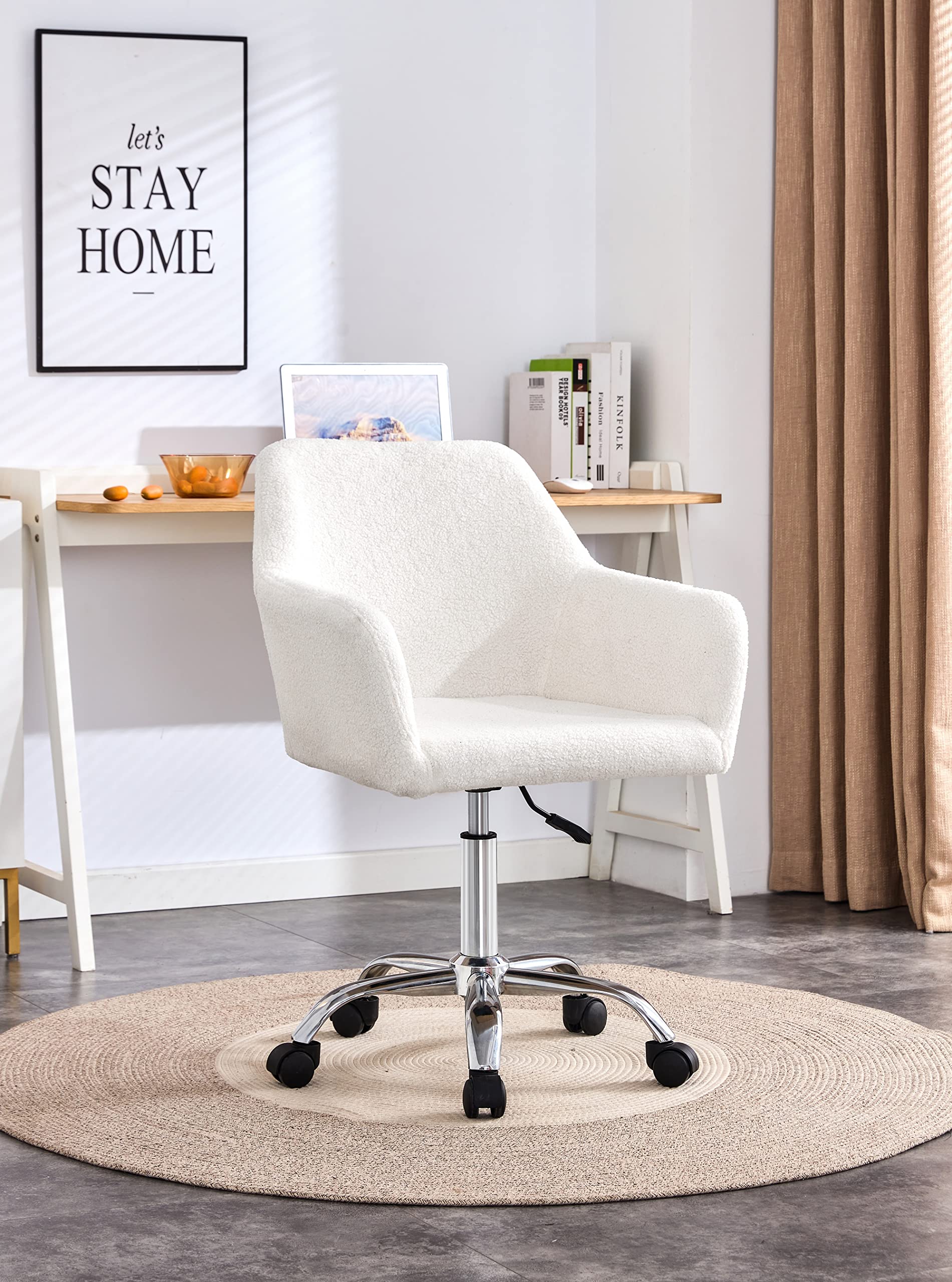 HomVent White Faux Fur Swivel Chair with Wheels - Adjustable Height Modern Plush Makeup Vanity Stool, Soft Office Desk Chair for Bedroom, Living Room & Dressing Room - Perfect for Home Decor, Beauty Salon & Cozy Reading Nook