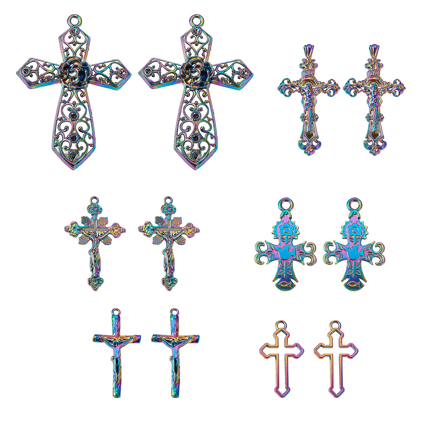 Craftdady 12pcs Multi-Color Alloy Crucifix Cross Pendants - Filigree Holy Jesus Cross Charms for Necklace, Earrings & Jewelry Making - Perfect for DIY Crafts, Religious Gifts & Fashion Accessories