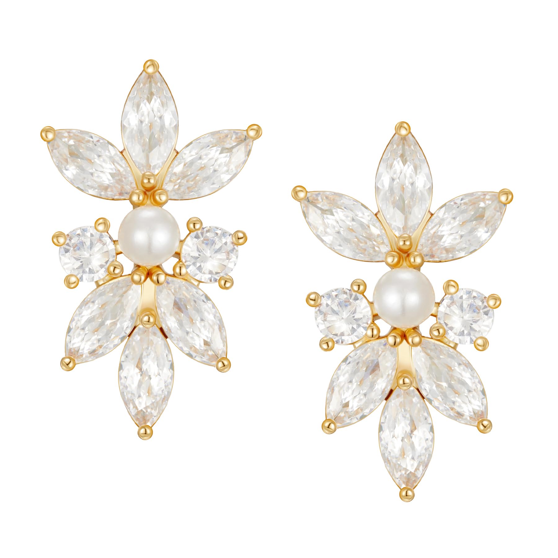 SWEETV Marquise Cut Cubic Zirconia Stud Earrings for Wedding, Brides & Bridesmaids | Crystal Pearl Rhinestone Jewelry for Women, Prom Party & Special Occasions | Perfect Gift for Anniversary, Engagement & Formal Events