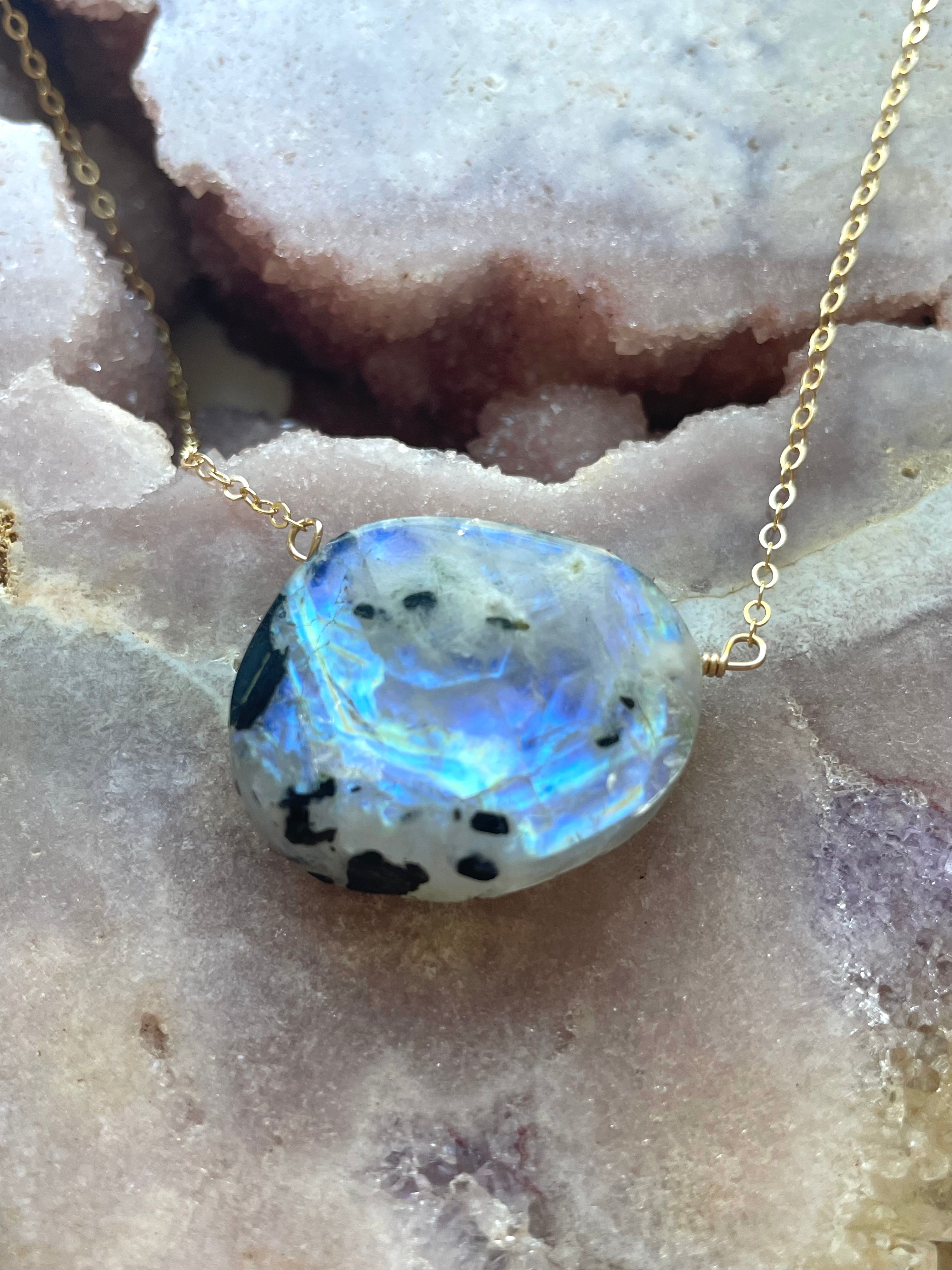 14K Gold Filled Rainbow Moonstone Statement Necklace for Women - Elegant Boho Jewelry for Parties, Weddings & Everyday Wear