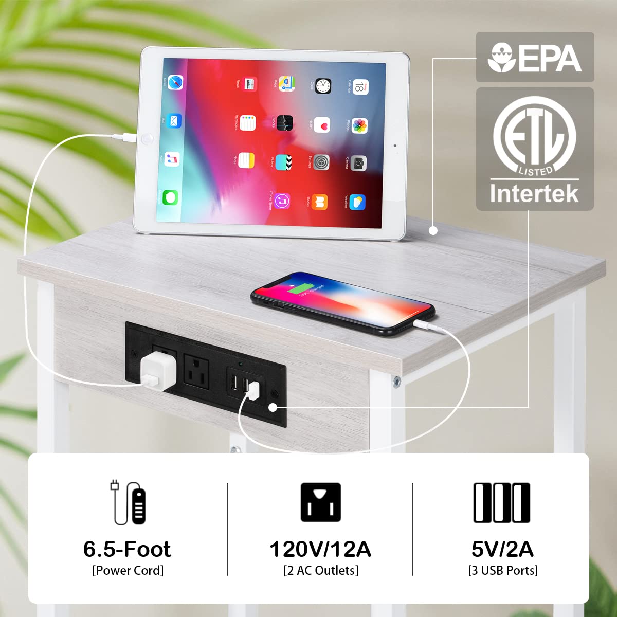 2-Tier Nightstand Set of 2 with USB Charging Station - Narrow End Tables with Storage Shelf for Bedroom & Living Room - Light Maple White - Perfect for Small Spaces & Device Charging