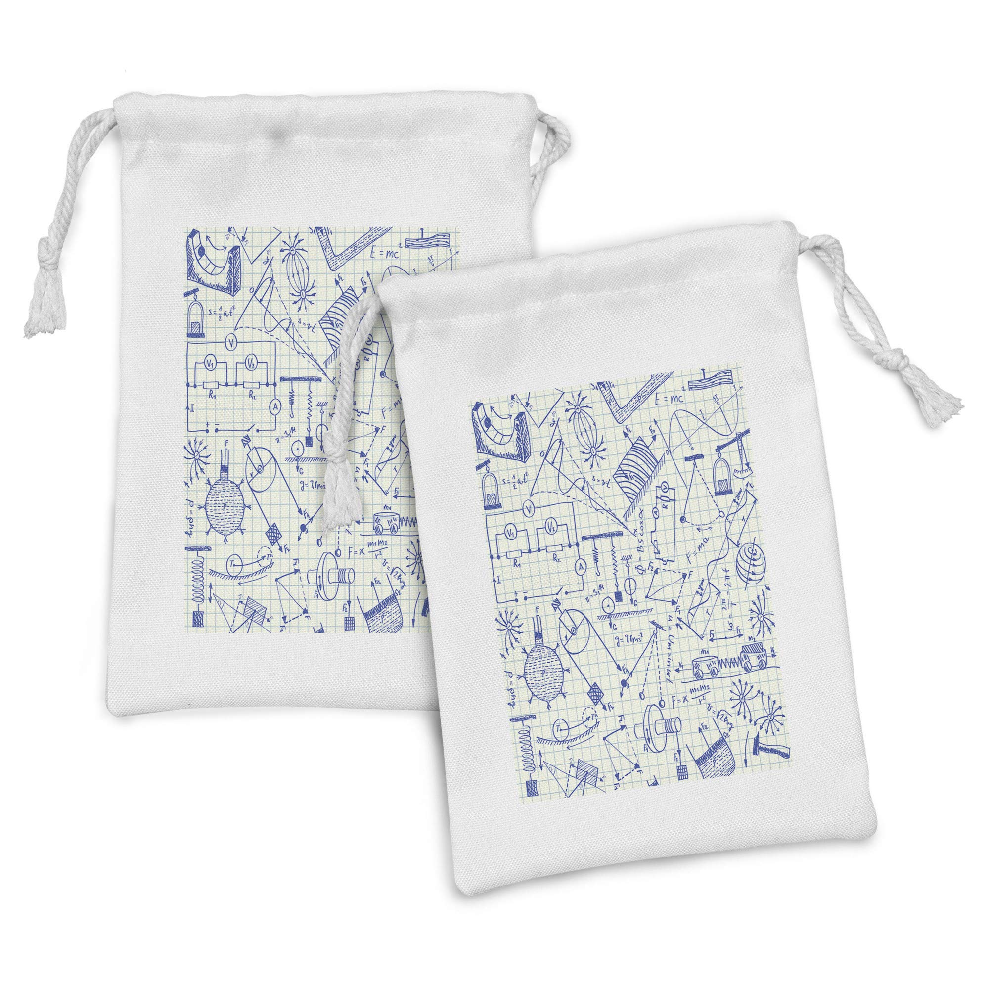 Ambesonne Physics Fabric Pouch Set of 2 - Technical Formula & Drawings Design on Grid Paper - Small Drawstring Bags for Toiletries, Masks, Jewelry & Party Favors (9