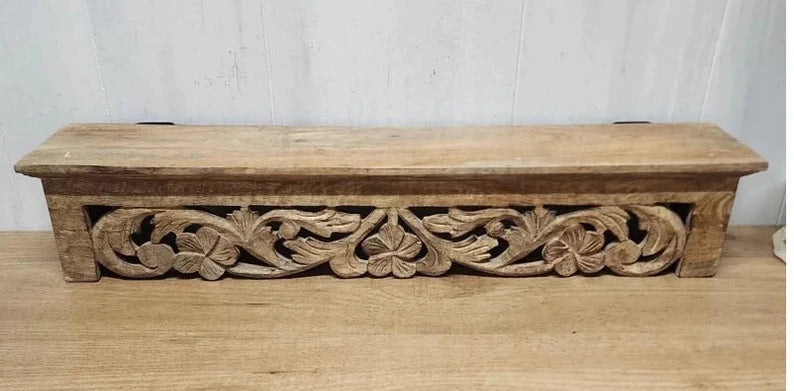 Hand Carved Mango Wood Floating Shelf - Natural Timber Wall Decor for Living Room, Bedroom & Office - Rustic Home Storage & Display Solution