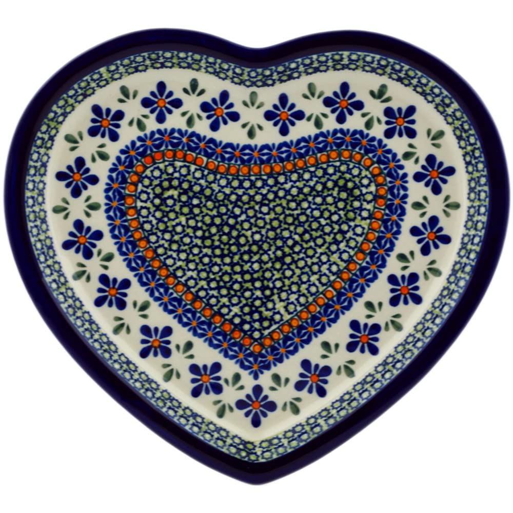 Handmade Blue Rose Polish Pottery Mosaic Heart Plate - Decorative Ceramic Dish for Home Decor, Wedding Gift & Wall Art Display