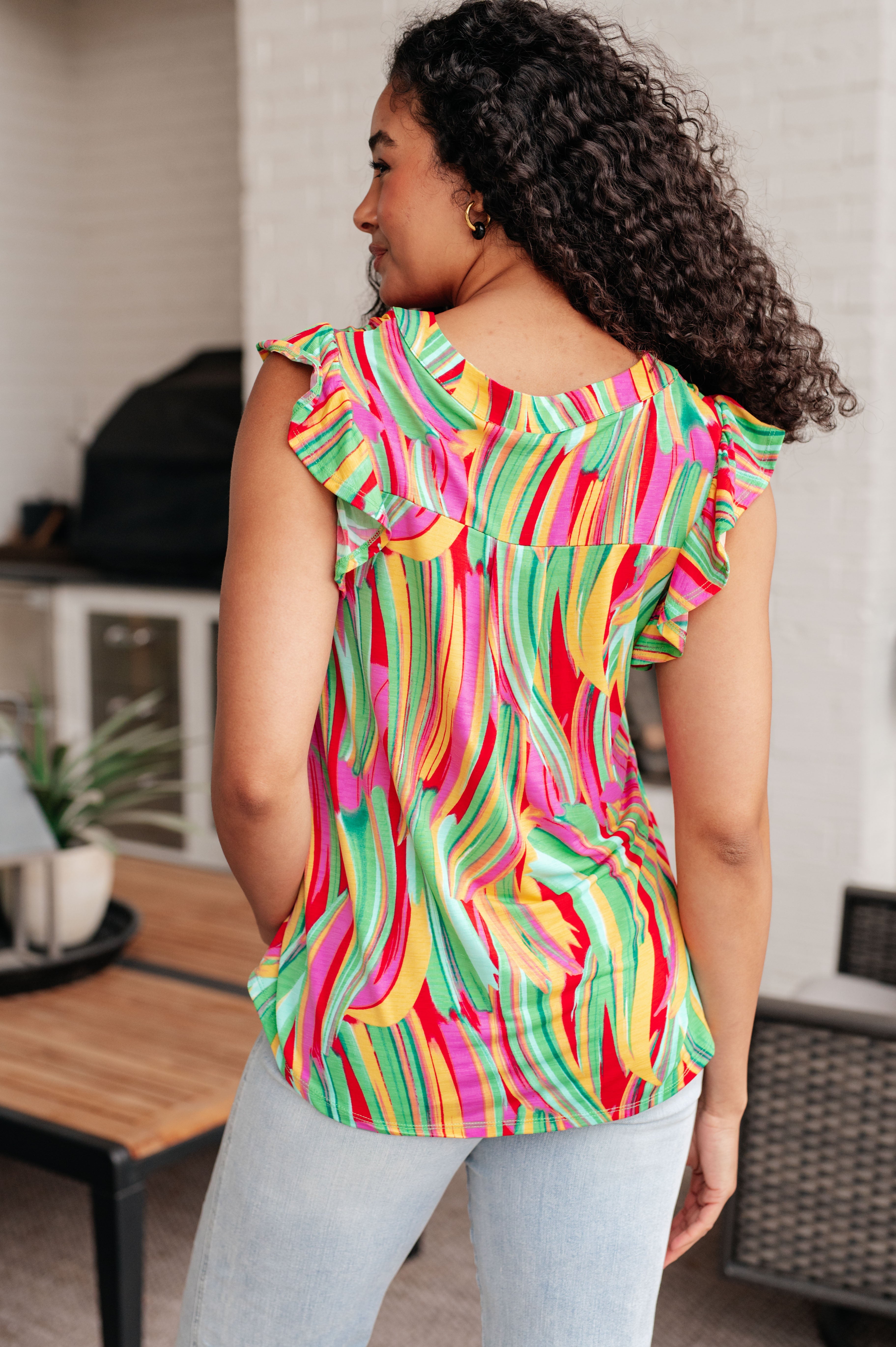Lizzy Flutter Sleeve Women's Blouse - Green Multi Abstract Stripe Print Casual Tops for Spring & Summer | Perfect for Office, Date Night & Outdoor Activities
