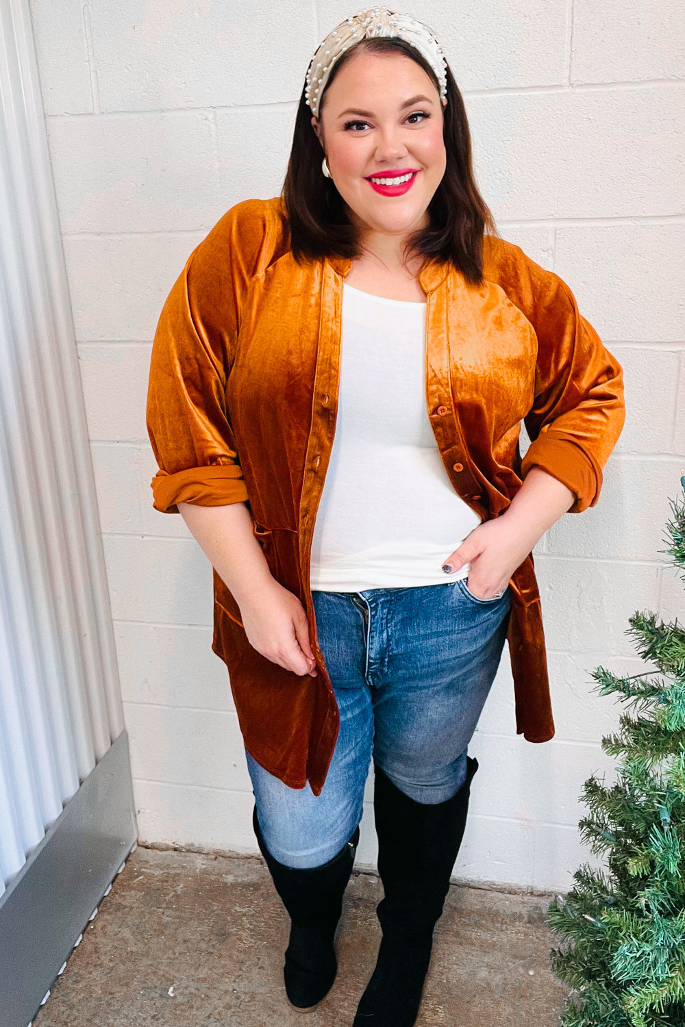 Stylish Rust Velvet Button Down Tunic Top for Women - Elegant Fall & Winter Blouse for Office, Party & Date Nights