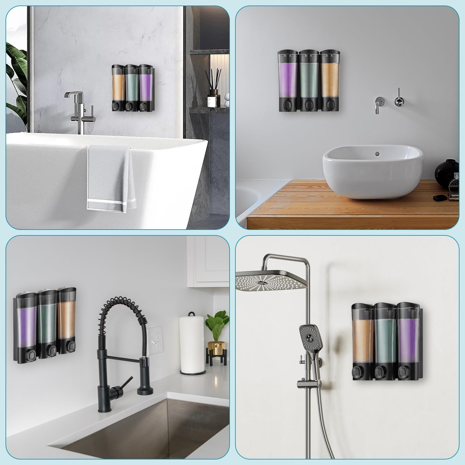 No-Drill Wall Mount Shampoo & Conditioner Dispenser - 3 Chamber Bathroom Liquid Soap Pump Set (3x300ml, Black) for Shower, Hotel & Home Use - Space Saving Solution for Organized Bathrooms