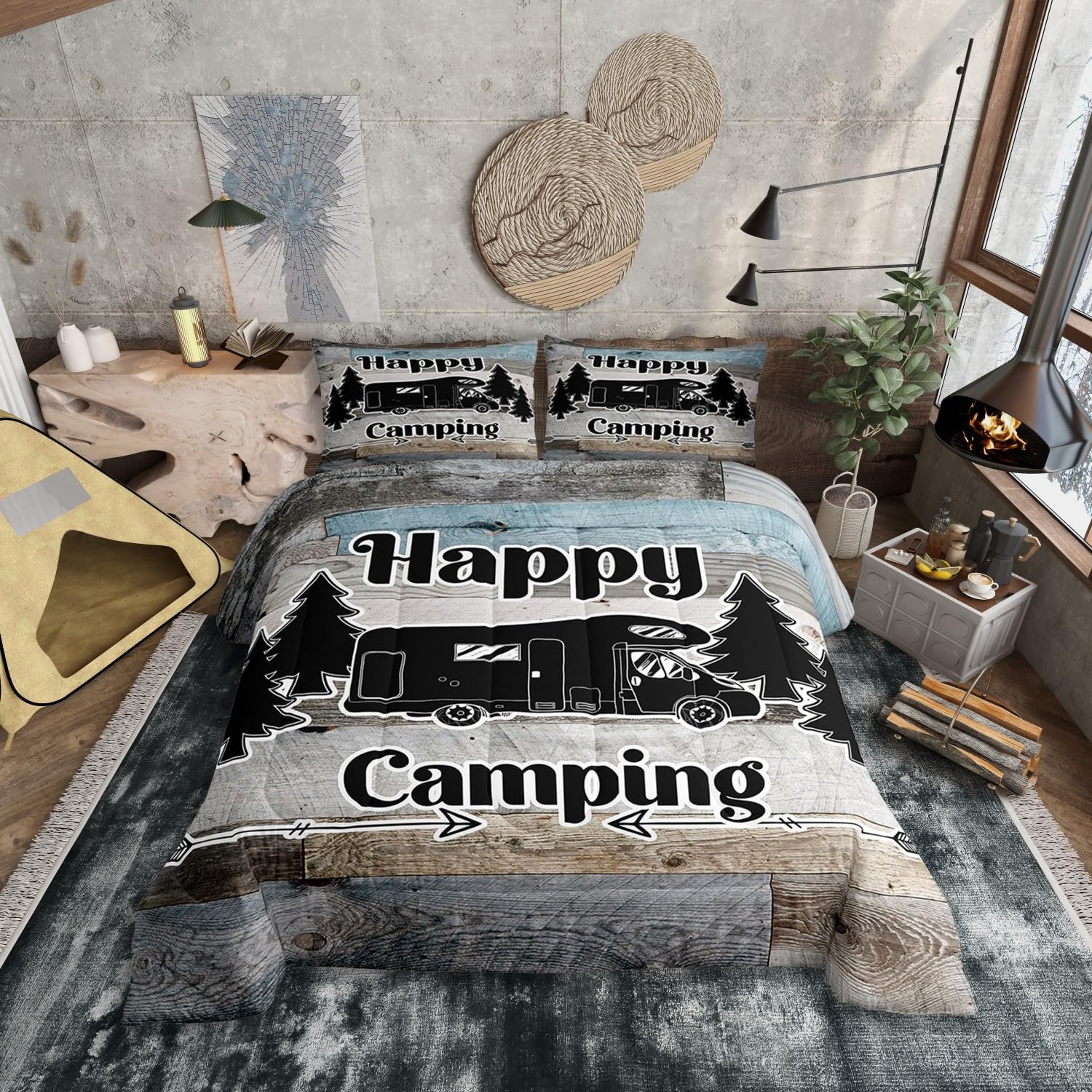 Happy Camping Bedding Set Full Size for Boys Kids Teens - Rustic Farmhouse Style Comforter Set with Black Sketch Drawing Camper Duvet Insert - Vintage Old Barn Door Decor Down Alternative Comforter - Perfect for Kids' Rooms, Camping Themed Bedrooms & Cozy Farmhouse Decor