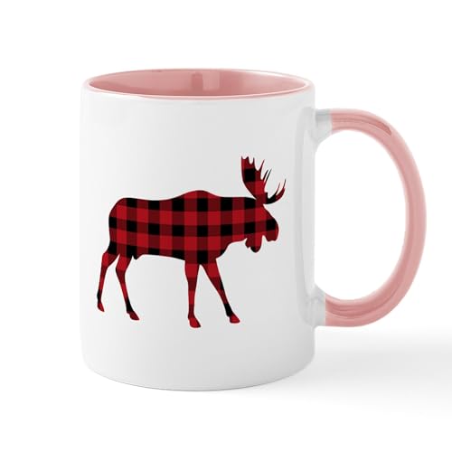 White/Pink Inside - Plaid Moose Animal Silhouette Mugs