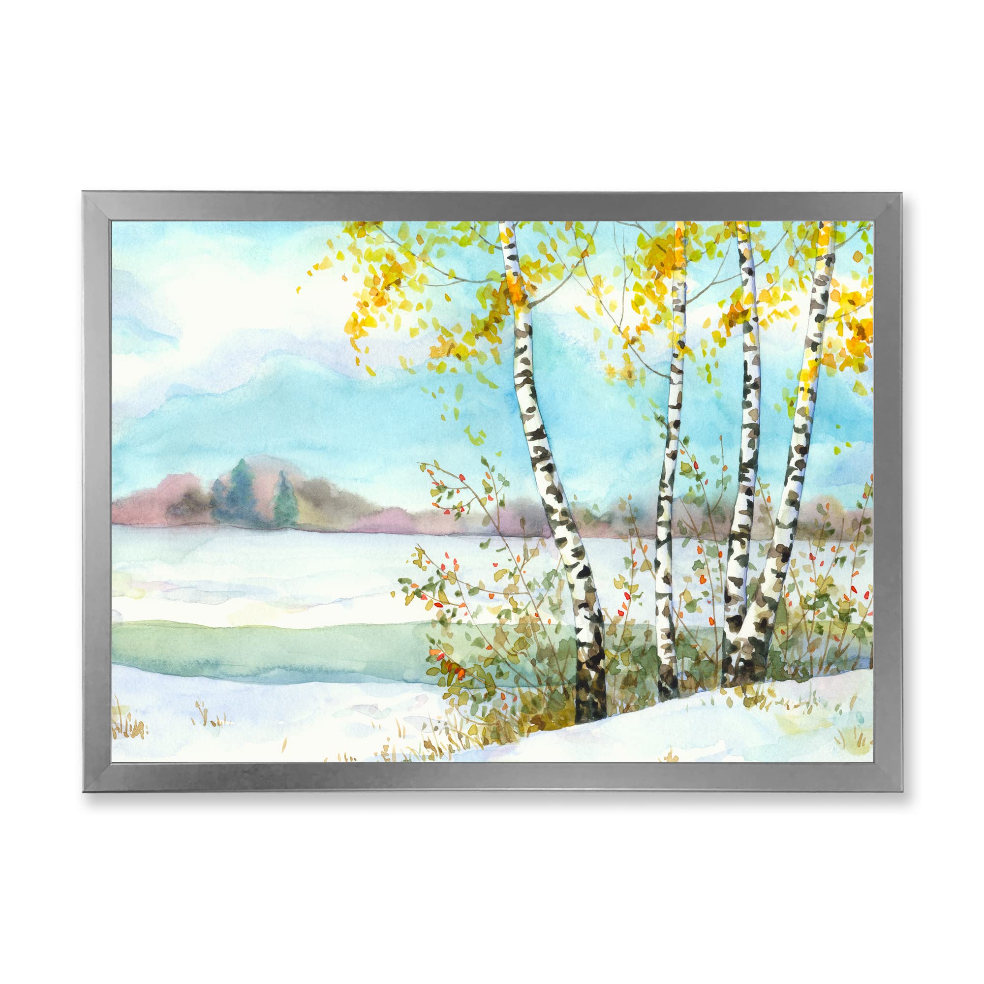 DesignQ Framed Wall Art - Winter Birch Trees Snowy Landscape Painting for Lake House Decor | Perfect for Living Room, Bedroom & Office