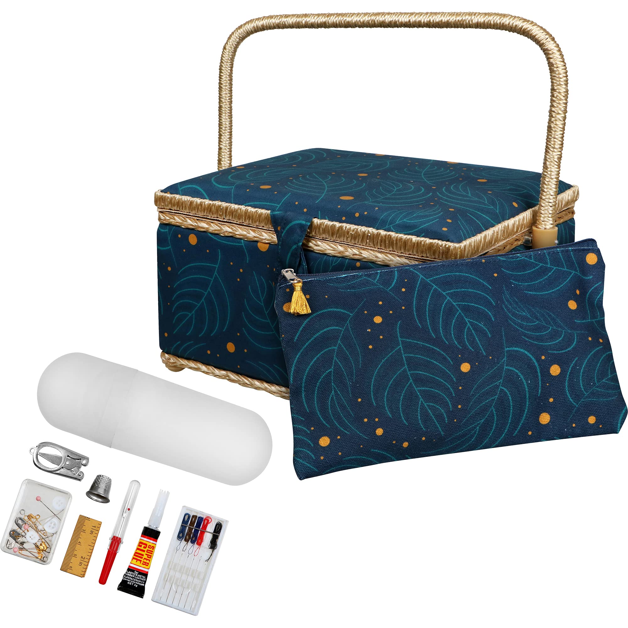 SINGER Large Floral Sewing Basket with Matching Zipper Pouch - Portable Sewing Organizer for Needles, Thread & Supplies - Perfect for Travel, Crafting & Home Organization (Leaf Print Design)