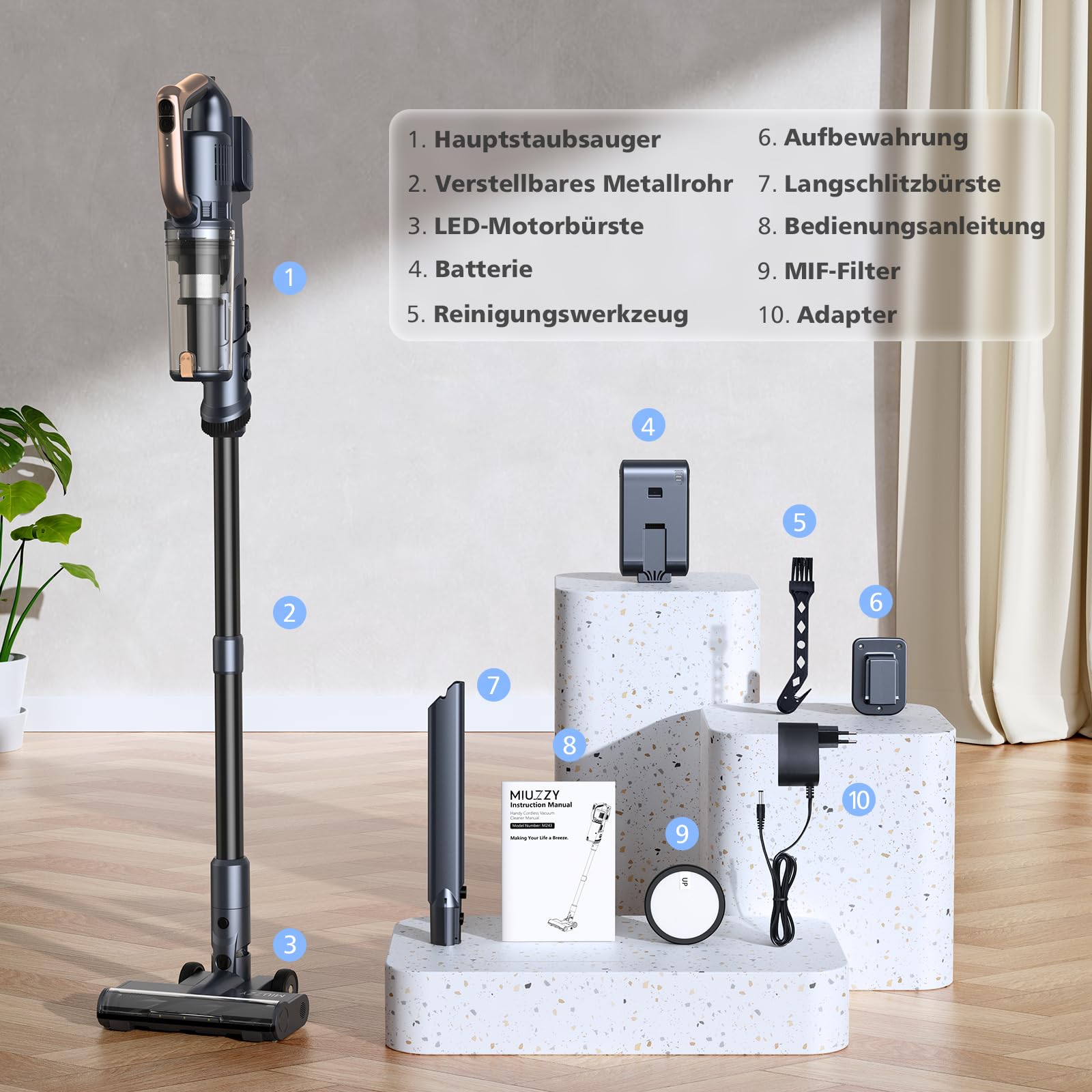 MIUZZY 6-in-1 Cordless Vacuum Cleaner with 50 Min Runtime, Lightweight Stick Vacuum for Carpets & Hard Floors, 1.2L Dustbin, Anti-Tangle Brush & Self-Standing Design - Perfect for Home, Office & Pet Hair Cleaning