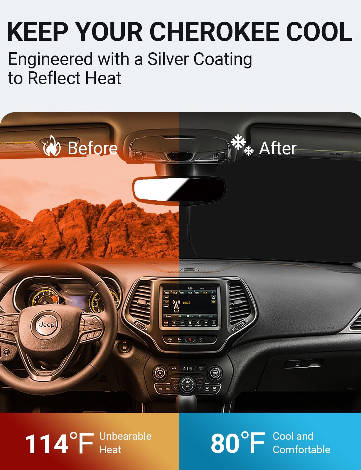 **2025 Upgrade Proadsy Foldable Front Windshield Sun Shade Protector - Custom Fit for Jeep Cherokee 2014-2025 (Excludes Grand Cherokee) - UV & Heat Protection for Parking & Outdoor Use**