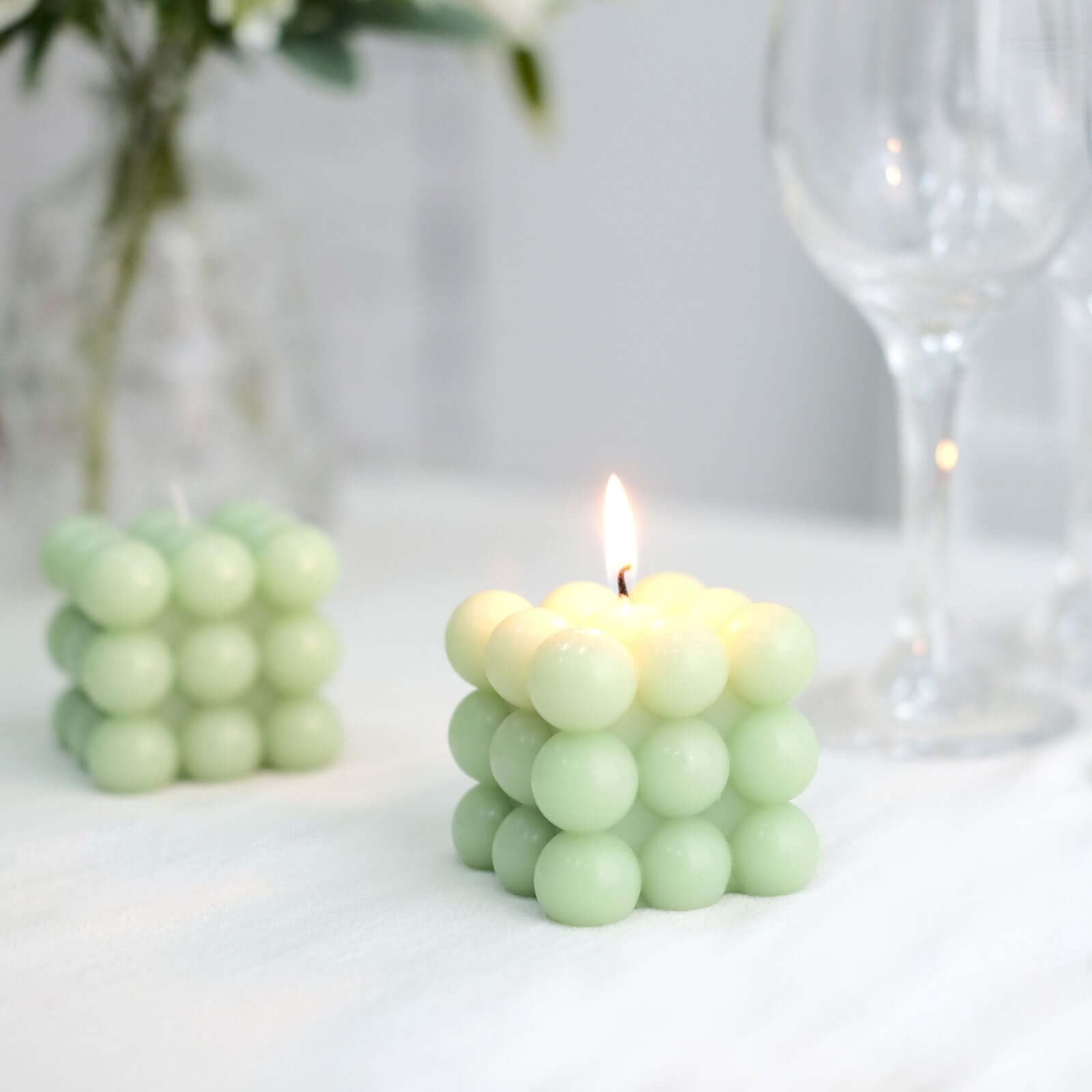 Efavormart 2 Pack Sage Green 2 Inch Bubble Cube Paraffin Wax Candles - Unscented Square Pillar Candles for Wedding, Party Favors, Home Decor & Gift Giving