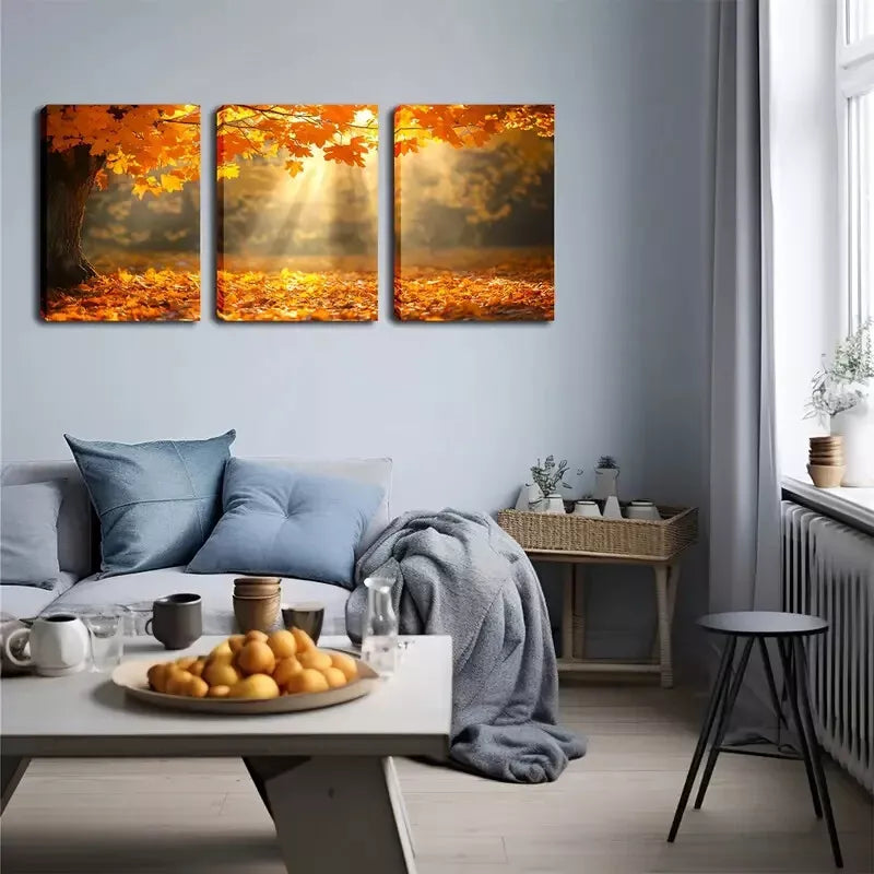 3-Piece Romantic Maple Leaves & Sunlight Triptych Wall Art Set - Framed Canvas 40x60cm (16x24in) - High Quality Print - 100% Australian Made - Ready to Hang - Perfect for Living Room, Bedroom & Office Decor