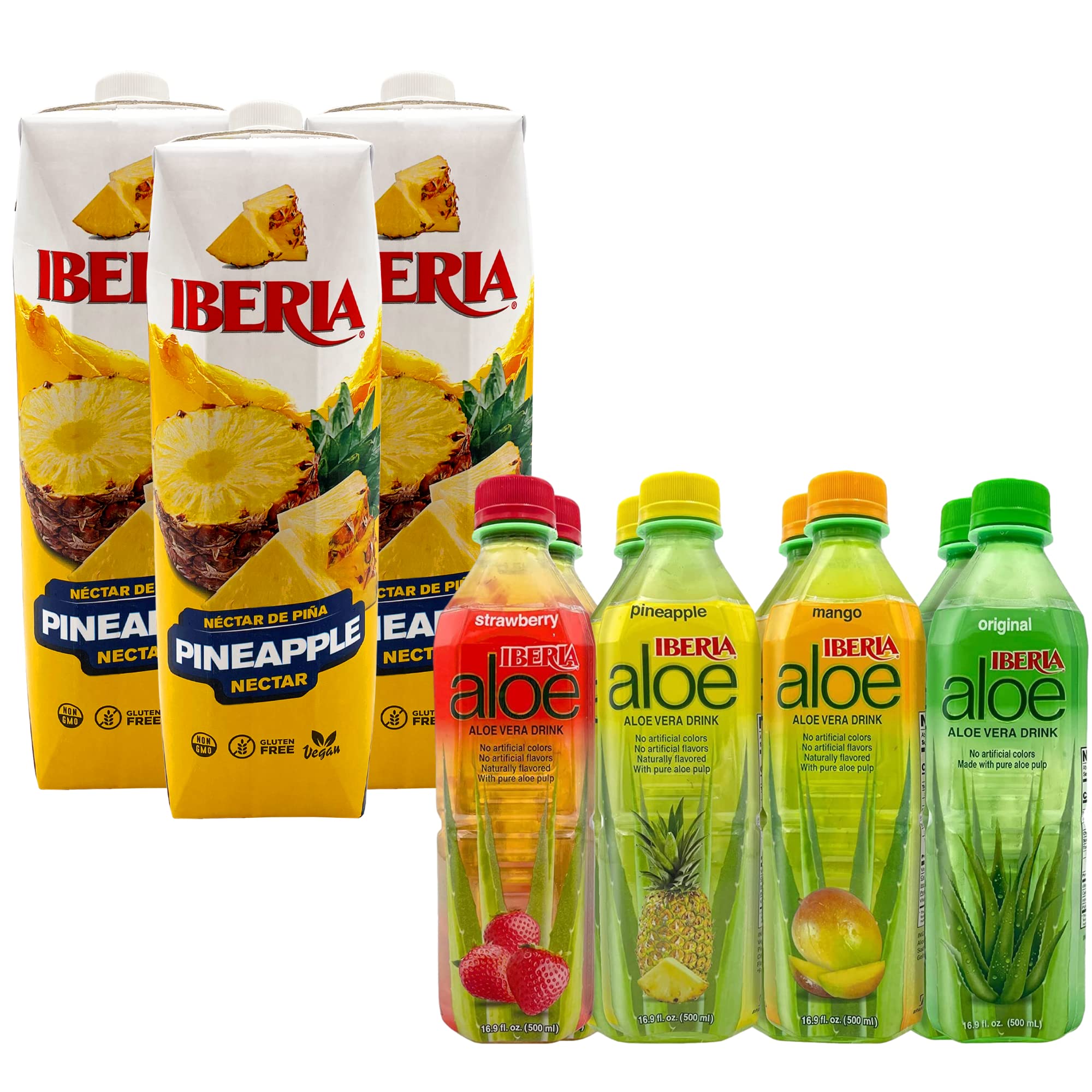 Iberia Aloe Vera Drink with Pure Aloe Pulp - 8 Pack | Iberia Pineapple Nectar - 33.8 Fl Oz, 3 Pack | Refreshing Beverage for Hydration, Digestion & Healthy Lifestyle | Perfect for Summer, Parties & Daily Wellness