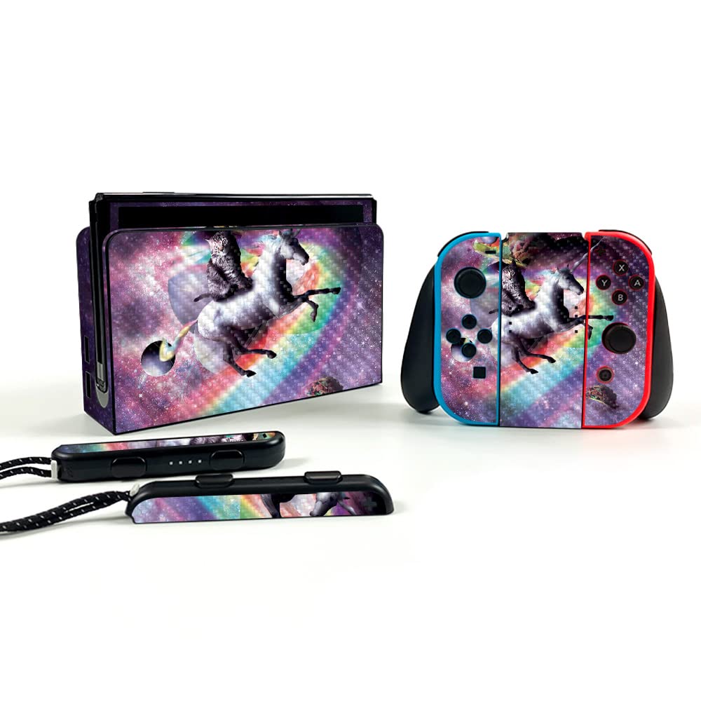 Premium Carbon Fiber Skin for Nintendo Switch OLED - Cat Riding Unicorn Design | Protective & Durable Textured Cover | Easy Application | USA Made | Perfect for Gaming Protection & Style Enhancement