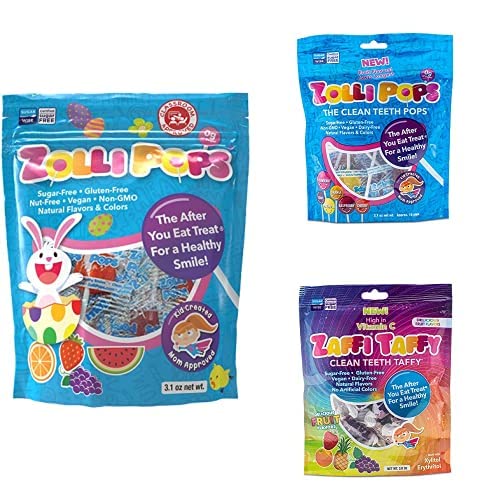 Zollipops Easter Variety Pack - 2 Pack Clean Teeth Lollipops & 1 Pack Taffy (3.1 Oz Each) | Sugar Free Candy for Kids, Assorted Fruit Flavors | Perfect for Easter Baskets, Birthday Parties & School Treats