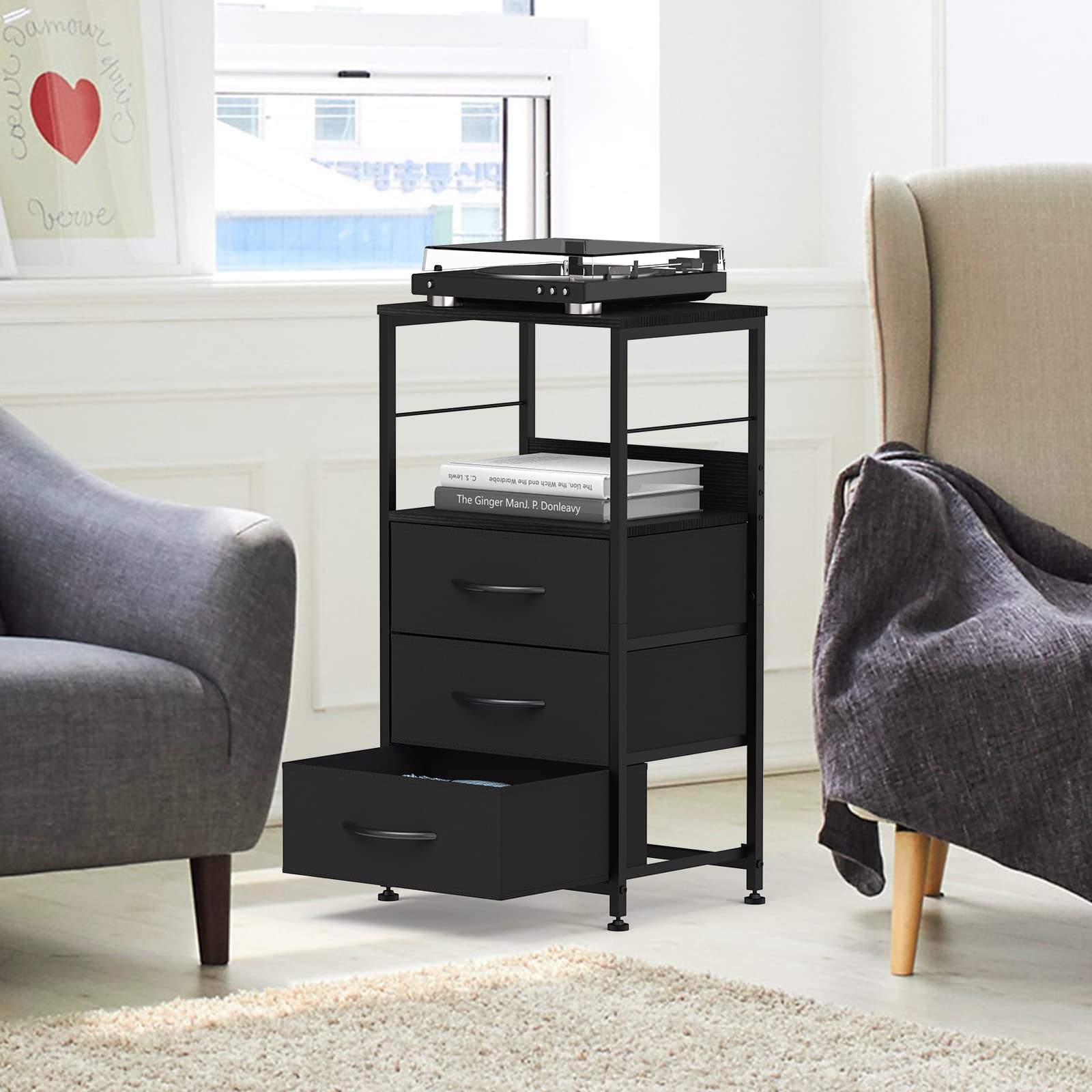 Modern Black Nightstand with 3 Fabric Drawers & Storage Shelf - Tall Bedside Table for Bedroom, Living Room, Office & Study - Perfect for Storing Books, Lamps & Bedroom Essentials