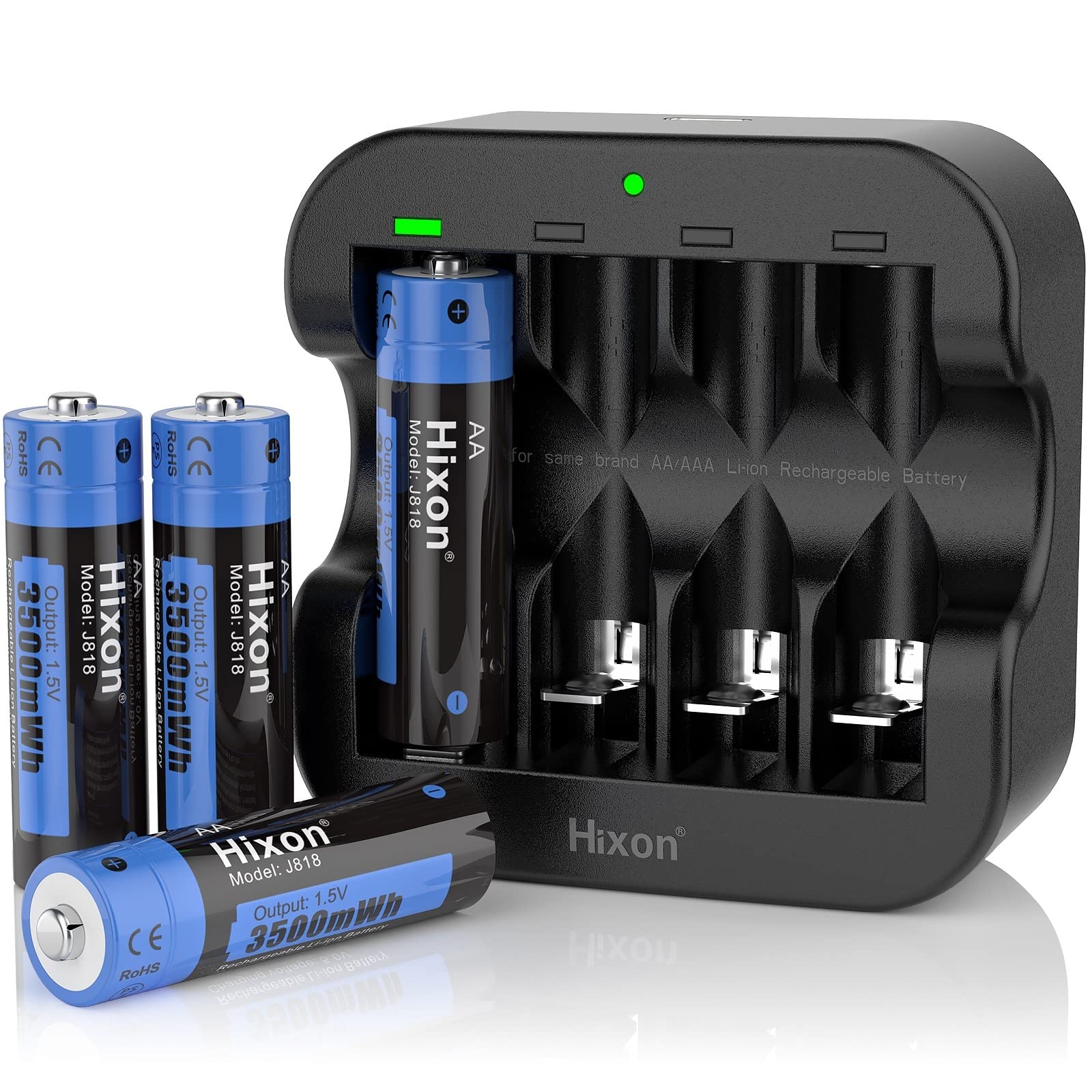 Hixon Rechargeable AA Batteries with Charger - 3500mWh 1.5V Lithium AA Batteries (4-Pack) | 1600 Charge Cycles, 3A Max Current | Perfect for Home, Office, Toys, Cameras & Electronics