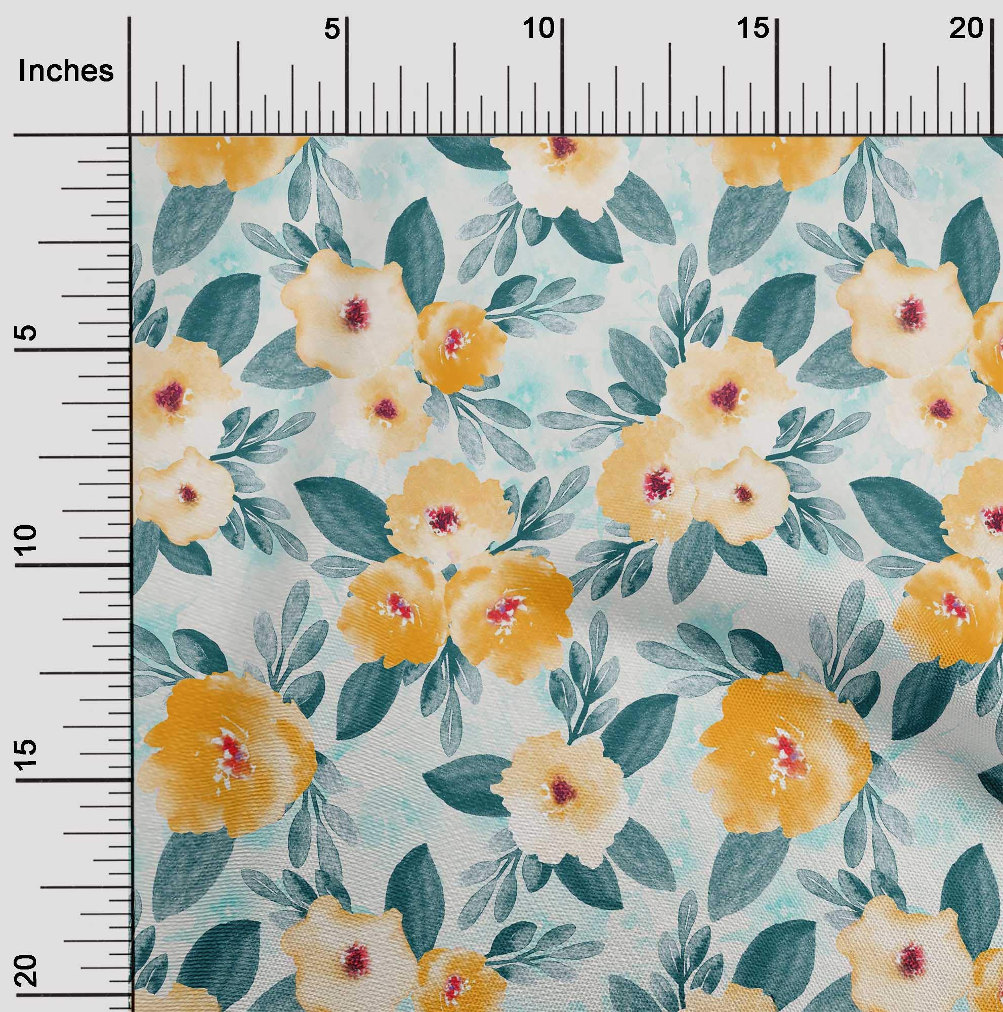 oneOone Cotton Flex Fabric - Watercolor Leaves & Peony Floral Print - 40 Inch Wide - Perfect for DIY Crafts, Quilting, and Home Decor Projects
