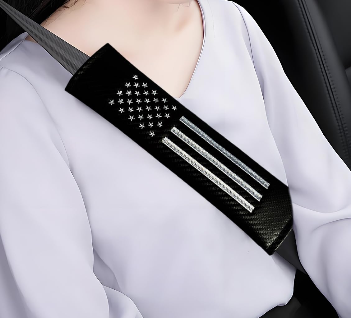 2PCS USA Flag Car Seat Belt Covers - Carbon Fiber Shoulder Pads for Comfort & Safety | American Flag Car Accessories for Patriotic Drivers & Road Trips