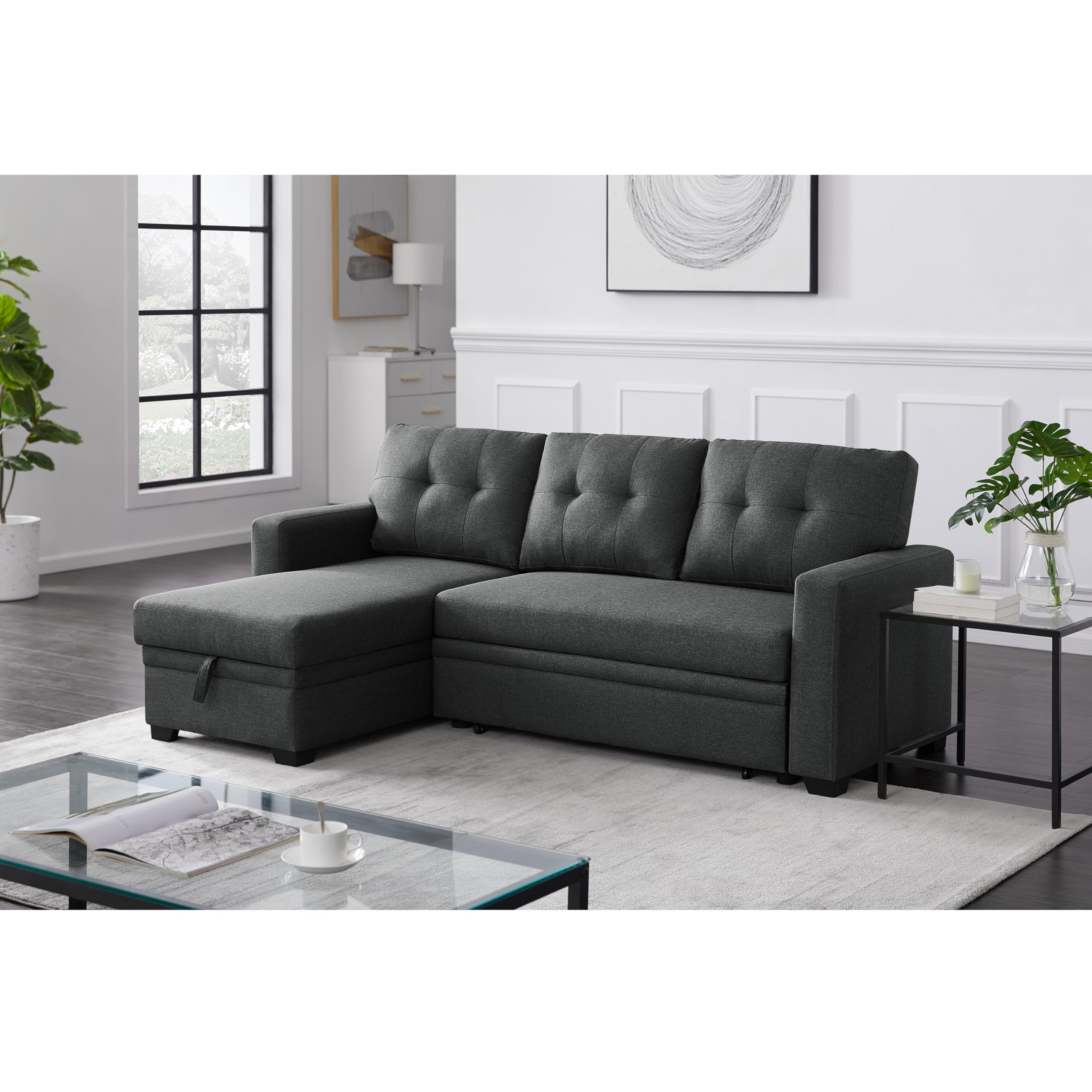 L-Shaped Reversible Sectional Sofa with Storage Chaise - Modern Convertible Sleeper Sofa Bed, Tufted Linen Upholstery for Living Room, Apartment & Small Spaces | Perfect for Guest Rooms, Home Theater & Studio Apartments